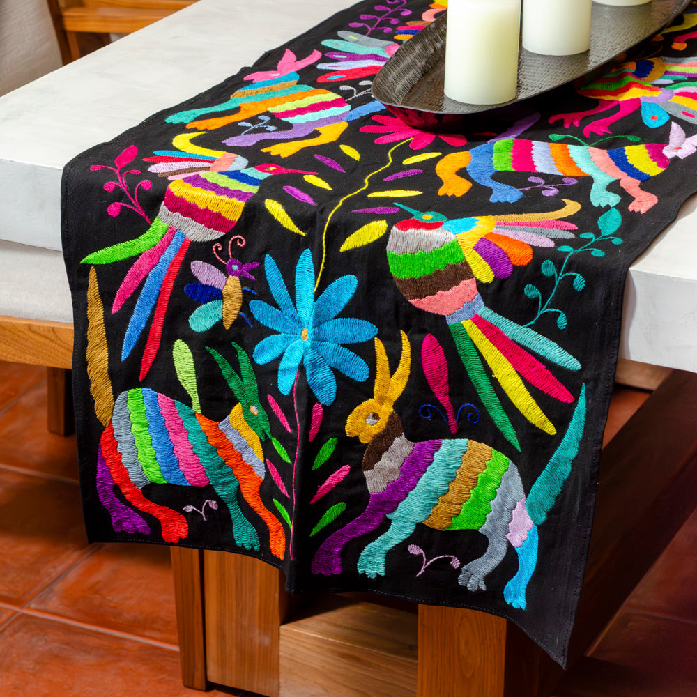 Otomí Hand-Embroidered Black Table Runner | Lolo Mexican Mercadito