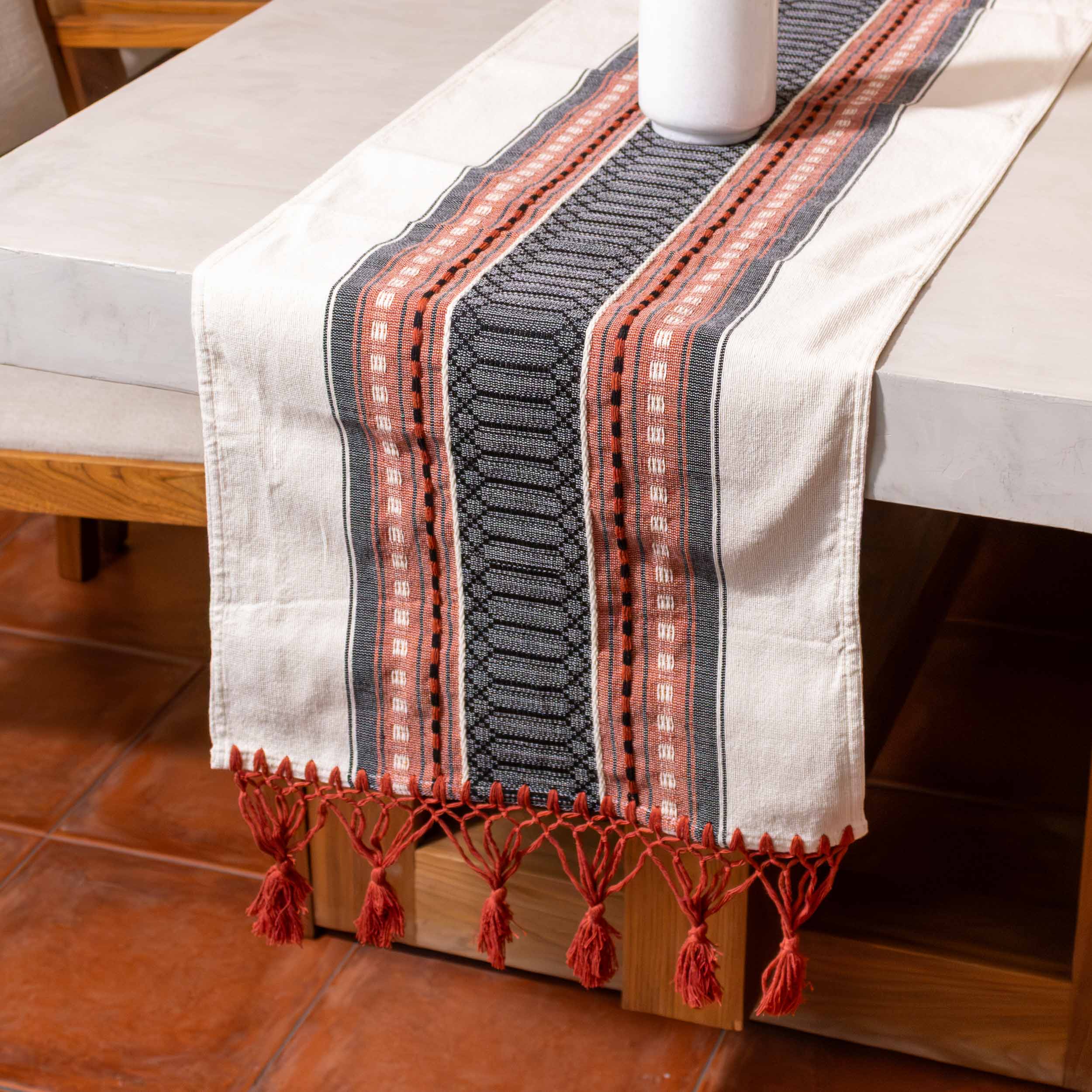 Pedal Loom Textured Table Runner with Tassels