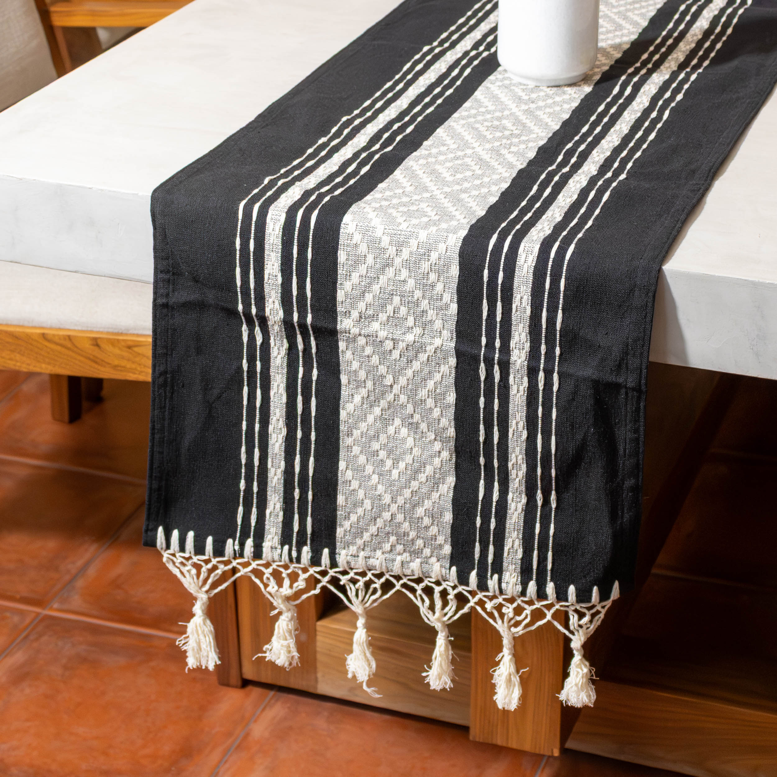 Pedal Loom Textured Table Runner with Tassels