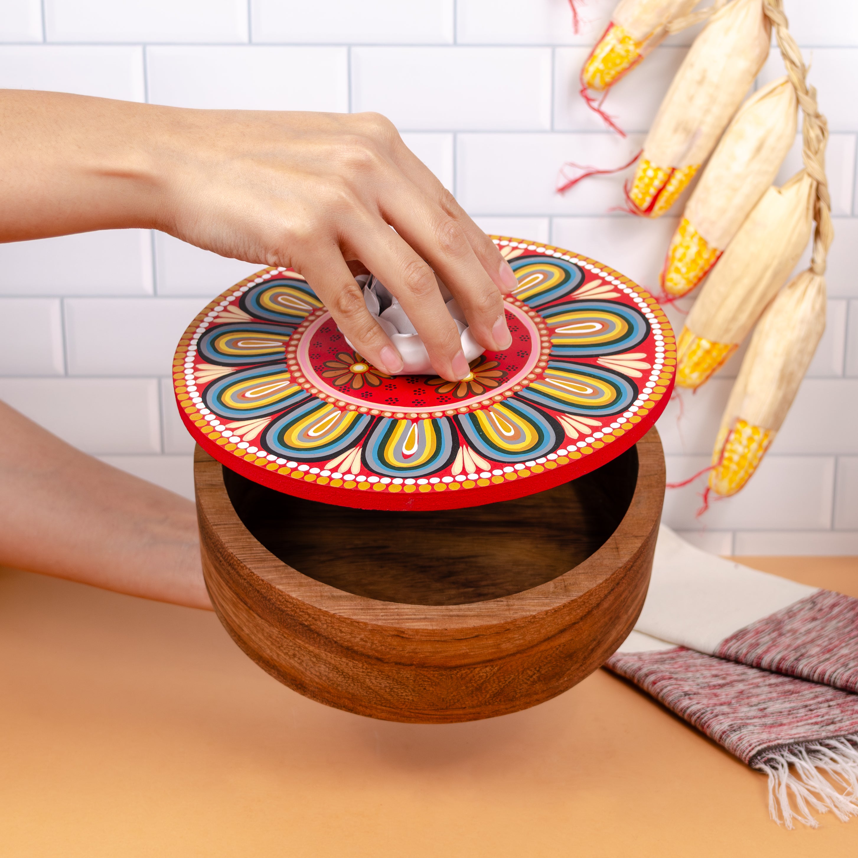 Hand-painted Parota Solid Wood Kitchen Tortillero/Basket