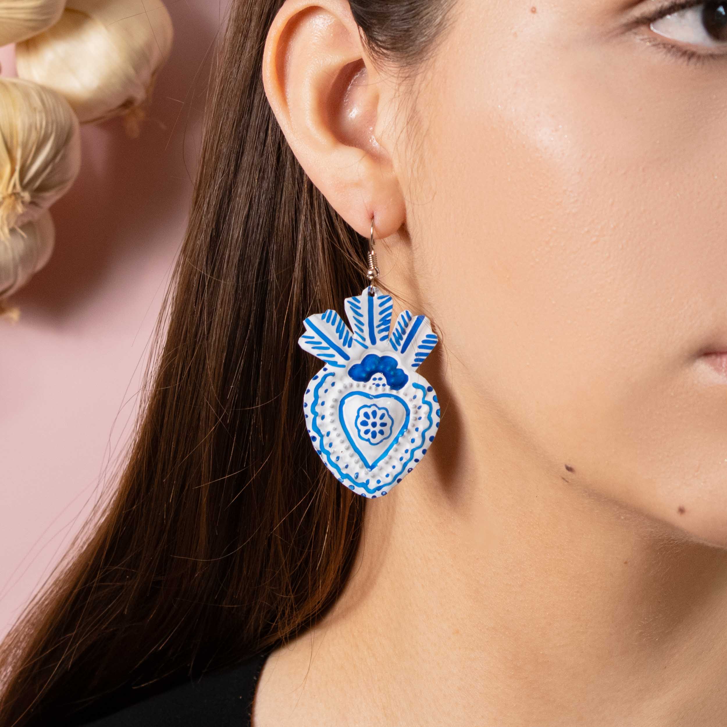 Talavera Heart Tin Art Milagro Earrings