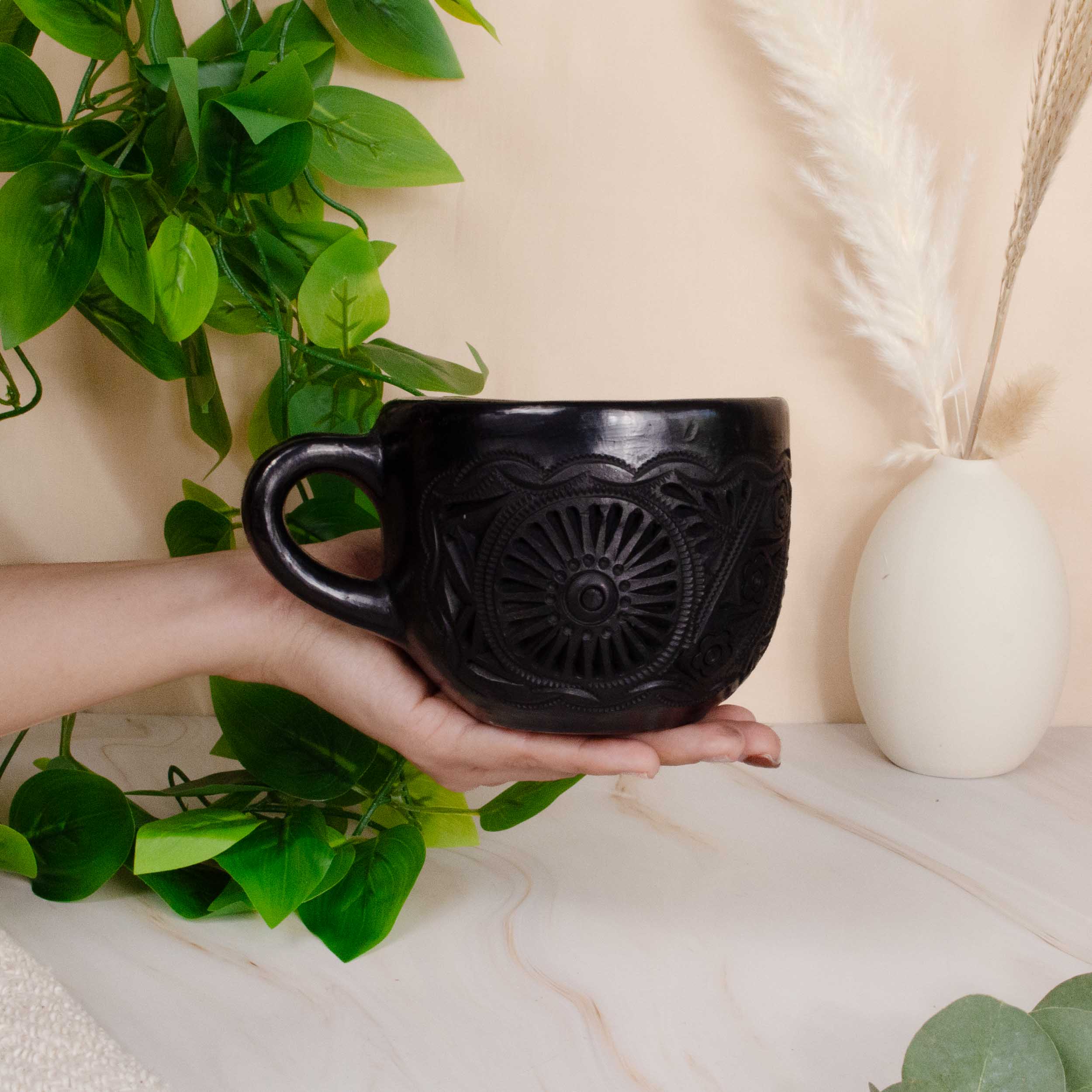 Barro Negro, Black Clay, Carved Mug
