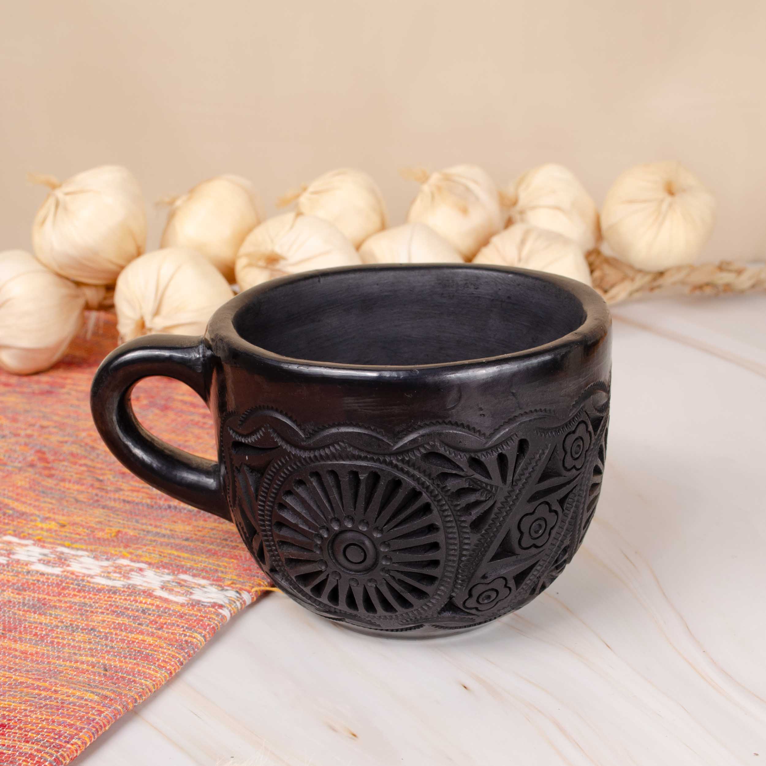 Barro Negro, Black Clay, Carved Mug