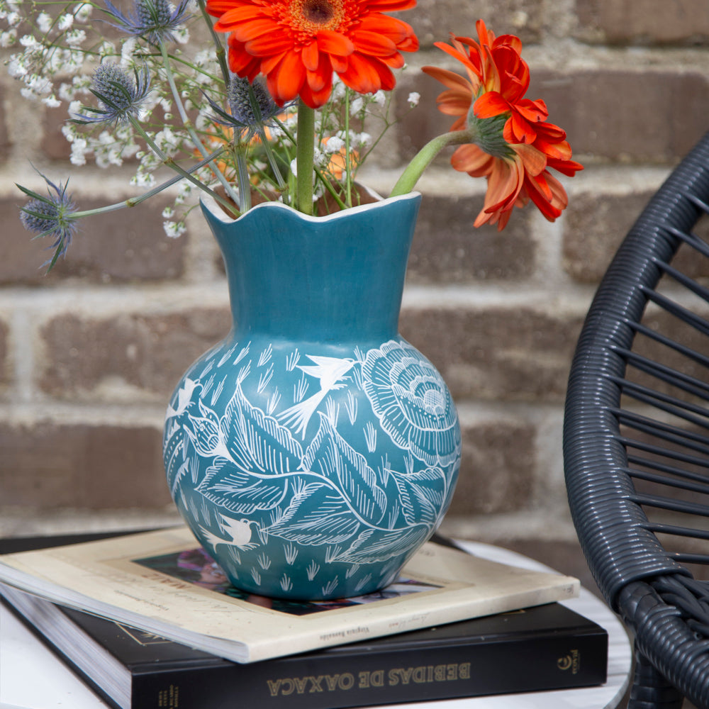 Huancito Scalloped-Top Teal Short Vase