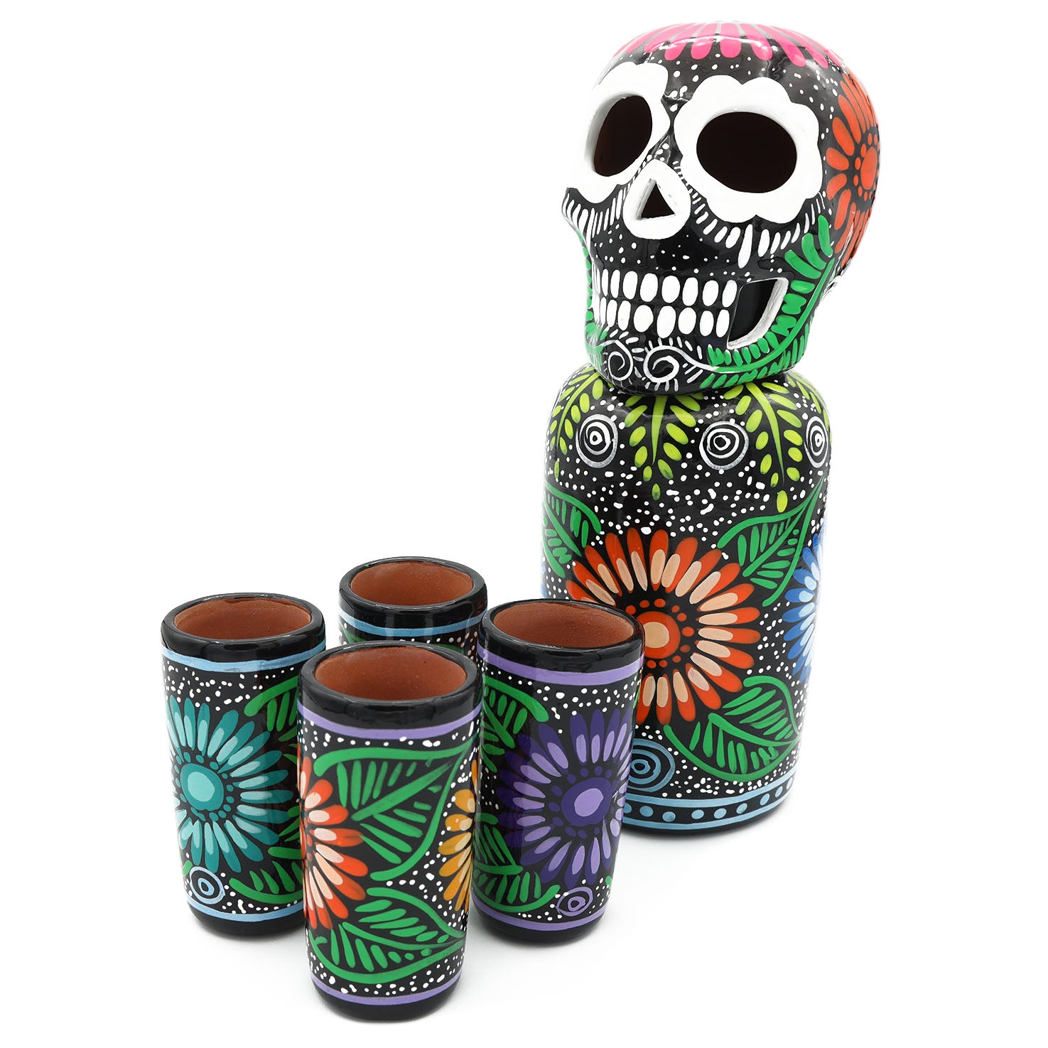 Hand-Painted Sugar Skull Top Decanter and Shot Glasses Set