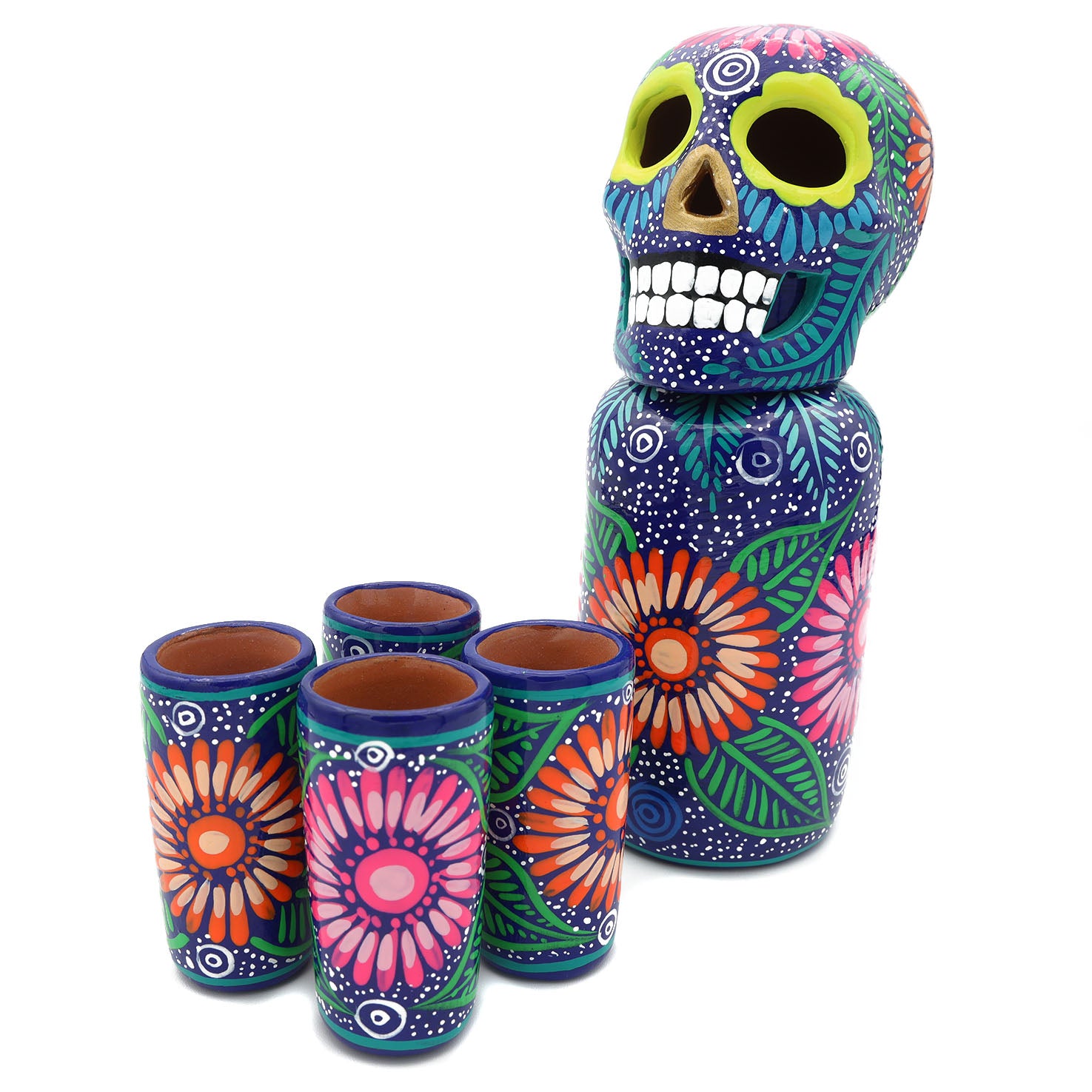 Hand-Painted Sugar Skull Top Decanter and Shot Glasses Set