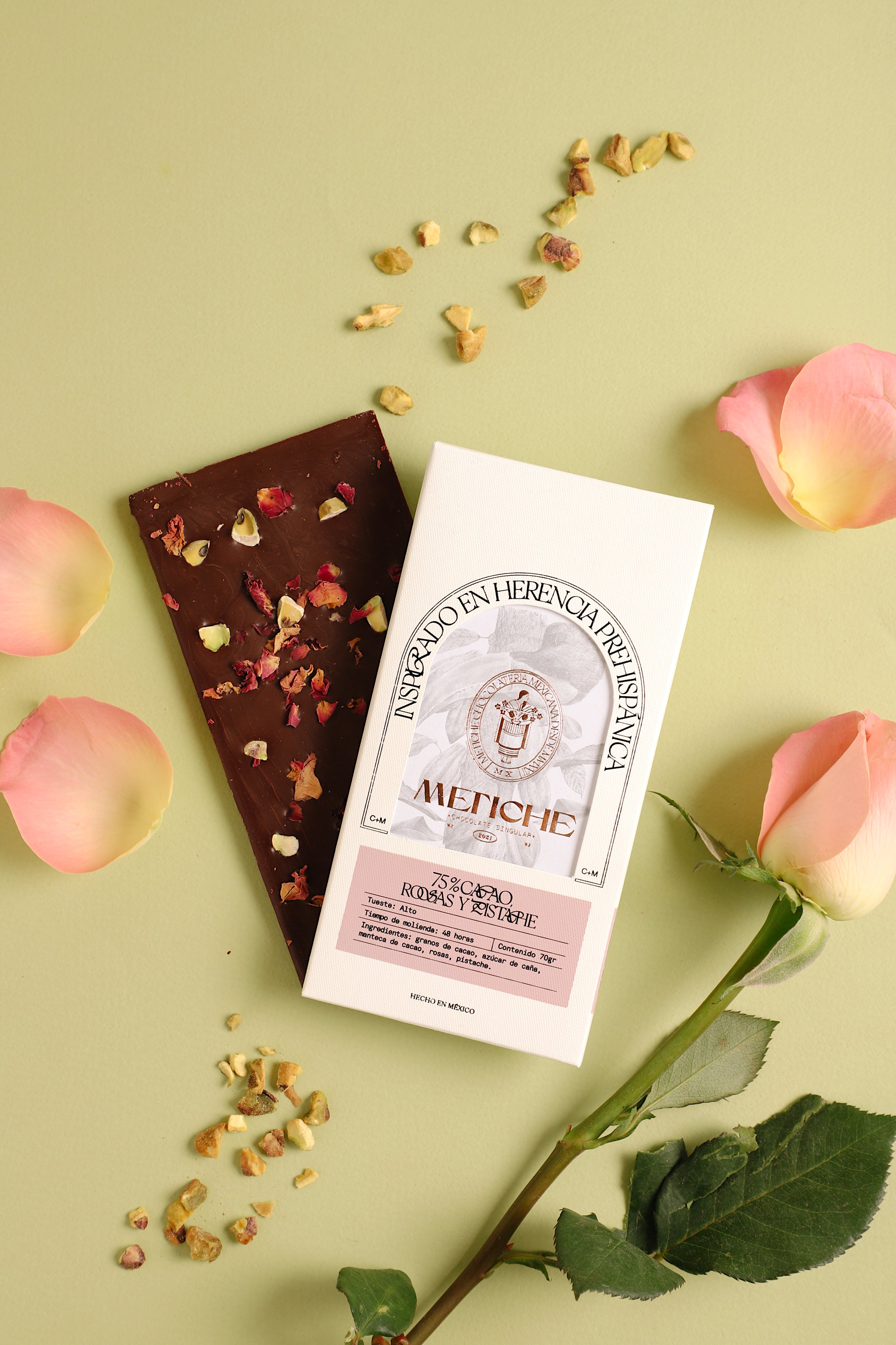 Dark Mexican Chocolate Bar, 75% Cacao, Rose Petals, and Pistachio