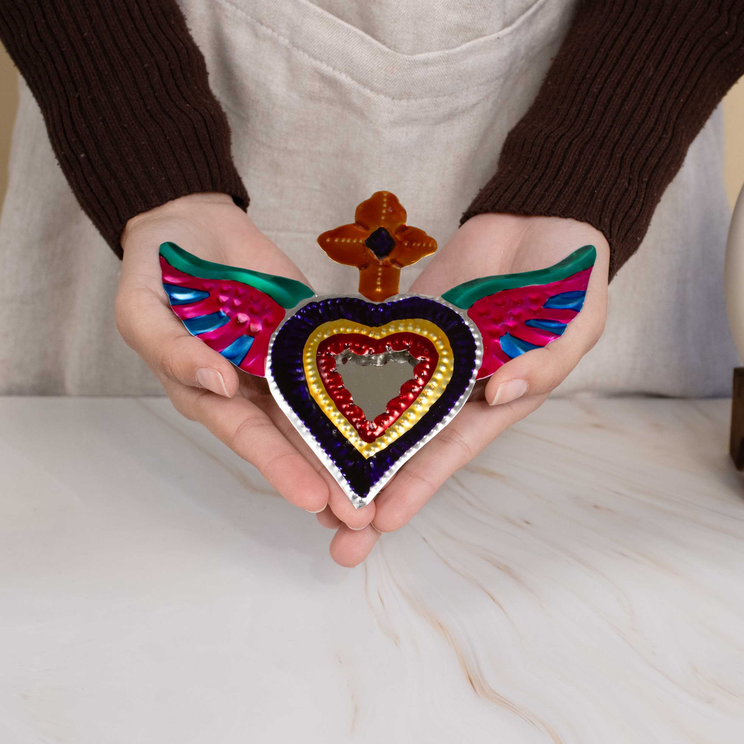 Medium Mexican Winged Milagro Tin Heart with Mirror