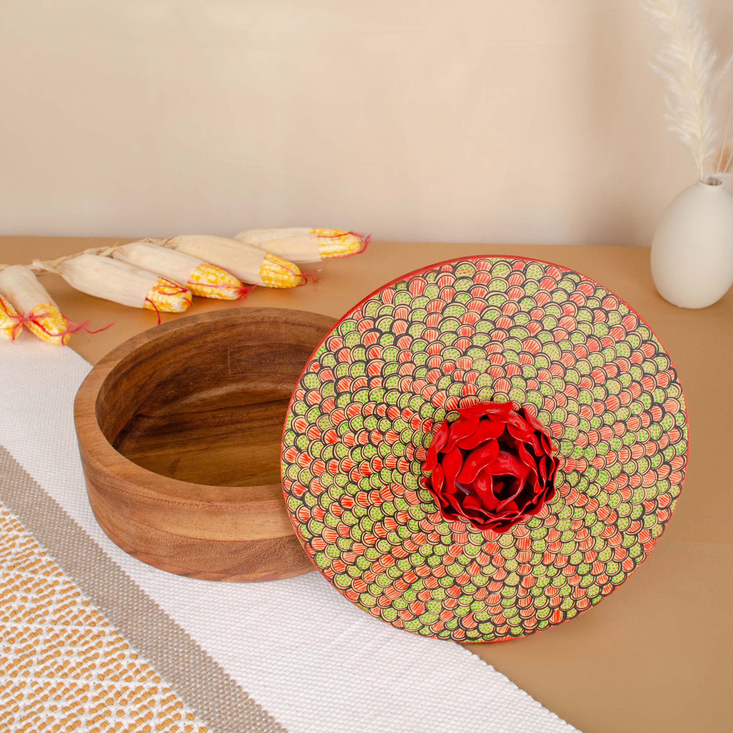 Hand-painted Parota Solid Wood Kitchen Tortillero/Basket