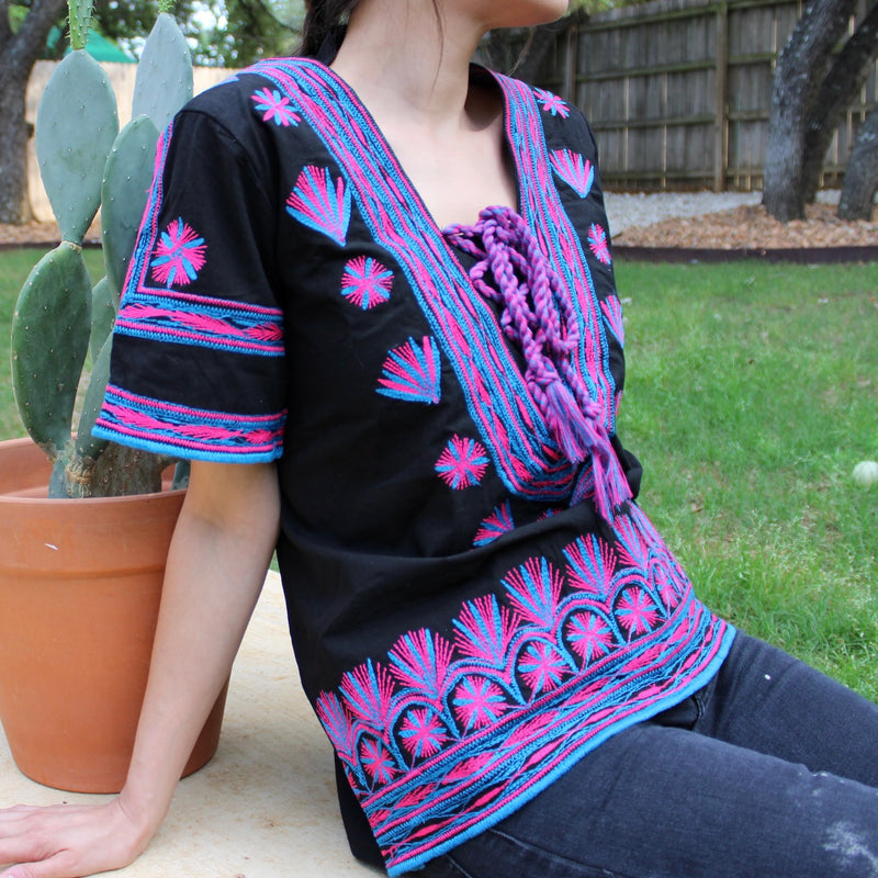 Tsu'uj Embroidered Blouse with Decorative Lace Up Front