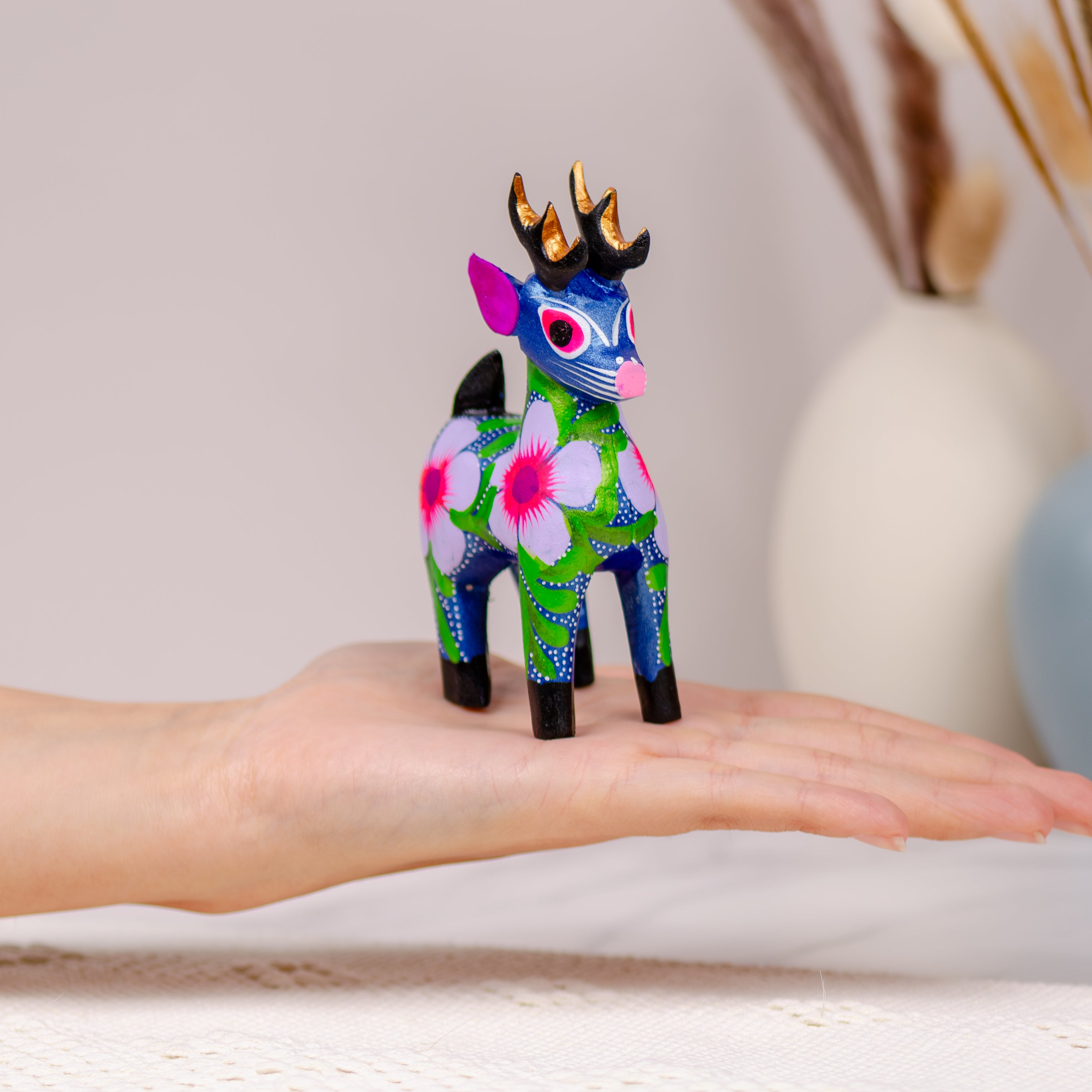 Large Hand Painted Deer Wooden Figurine