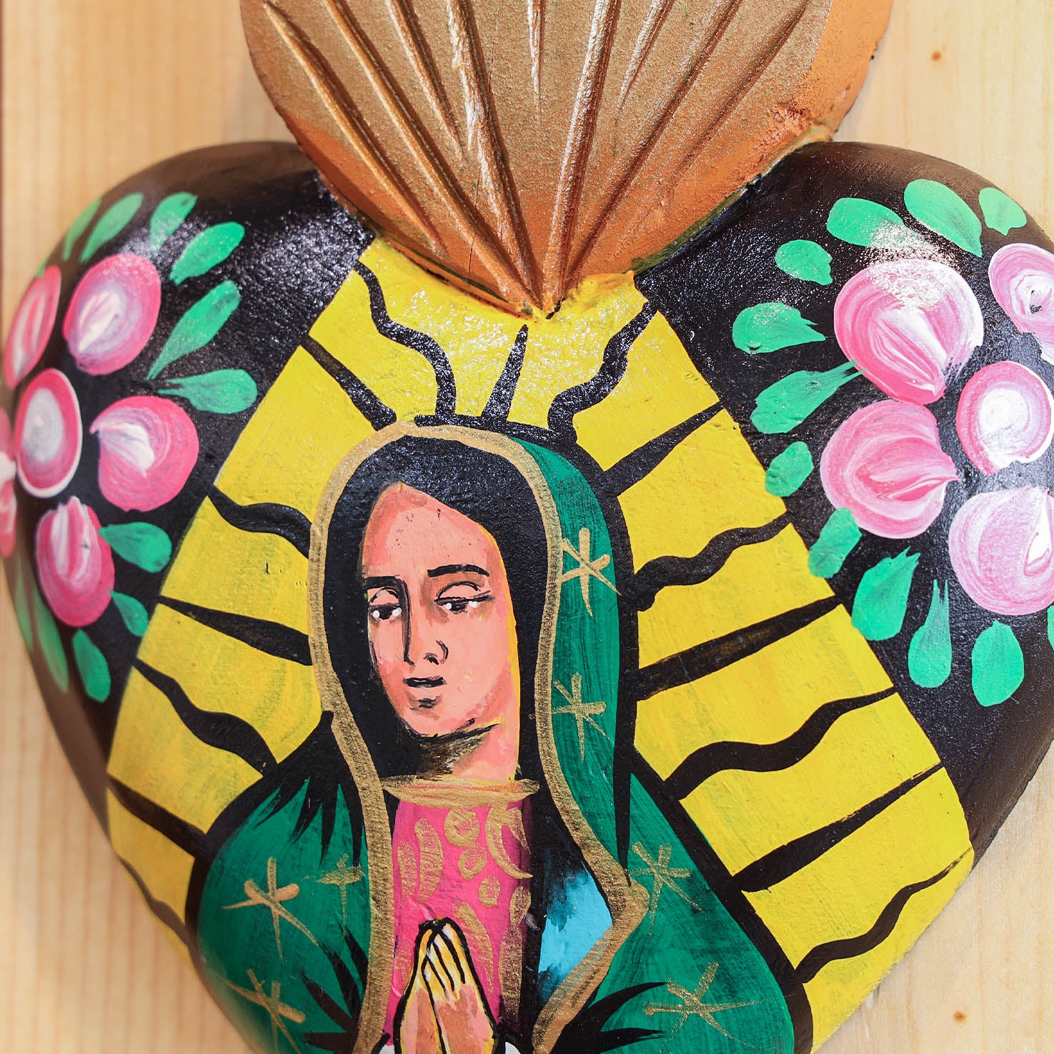 In Flowers Virgen de Guadalupe Wooden Sacred Heart