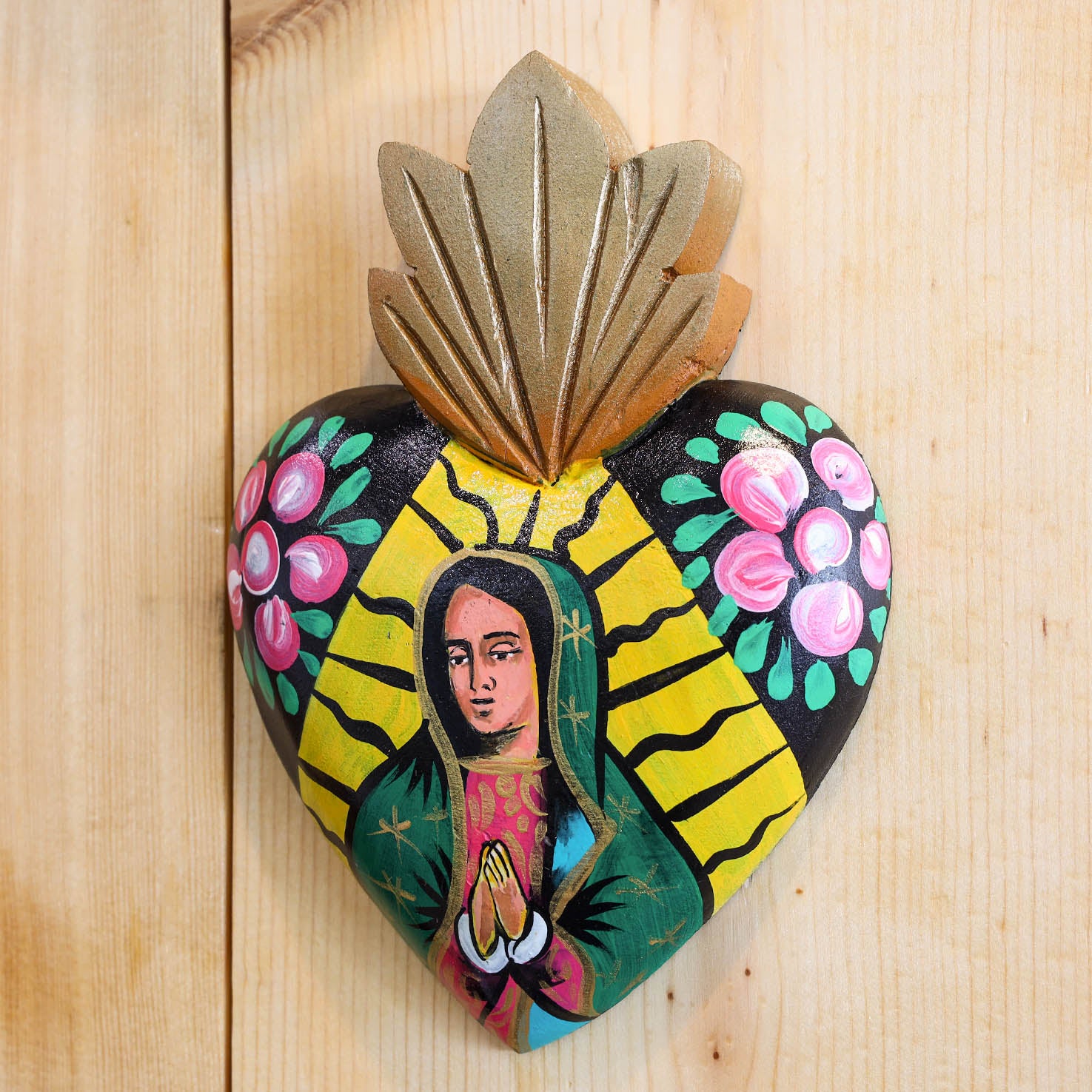 In Flowers Virgen de Guadalupe Wooden Sacred Heart