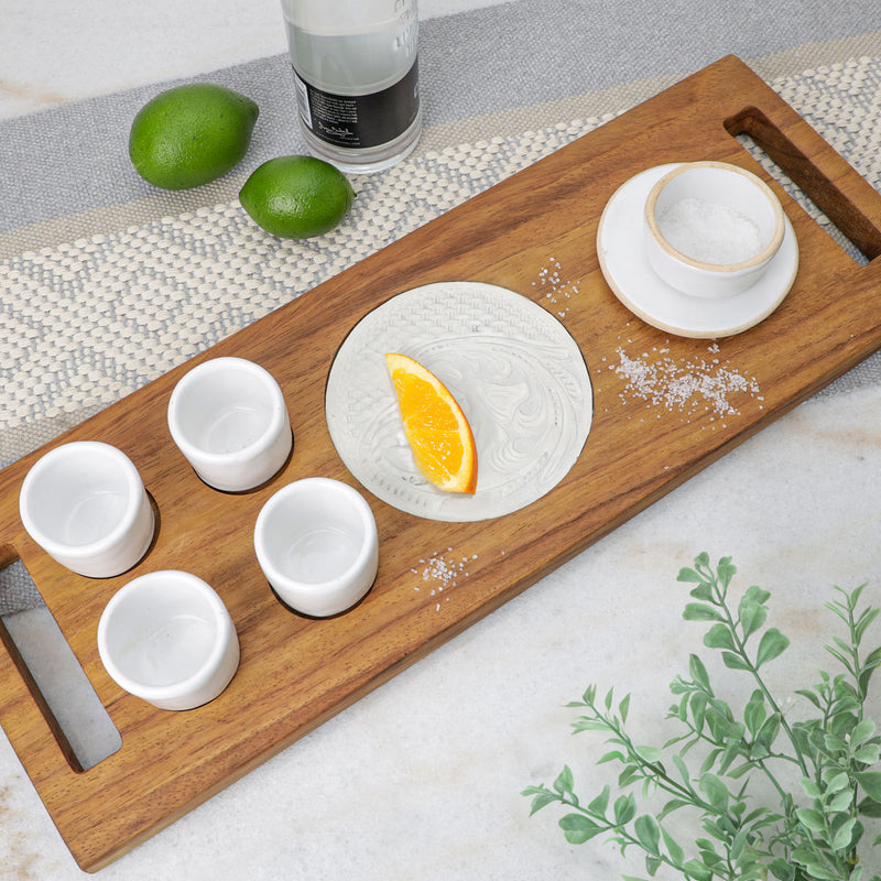 Ceramic Shot Glass Set with White Leather in Parota Serving Tray