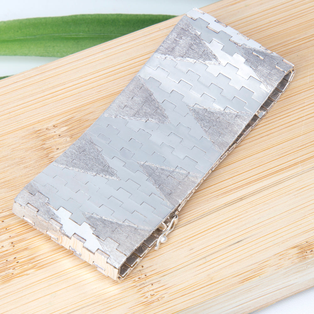 Vintage Sterling Silver Wide Bracelet with Zig Zag Design and Diamond Cut Finish