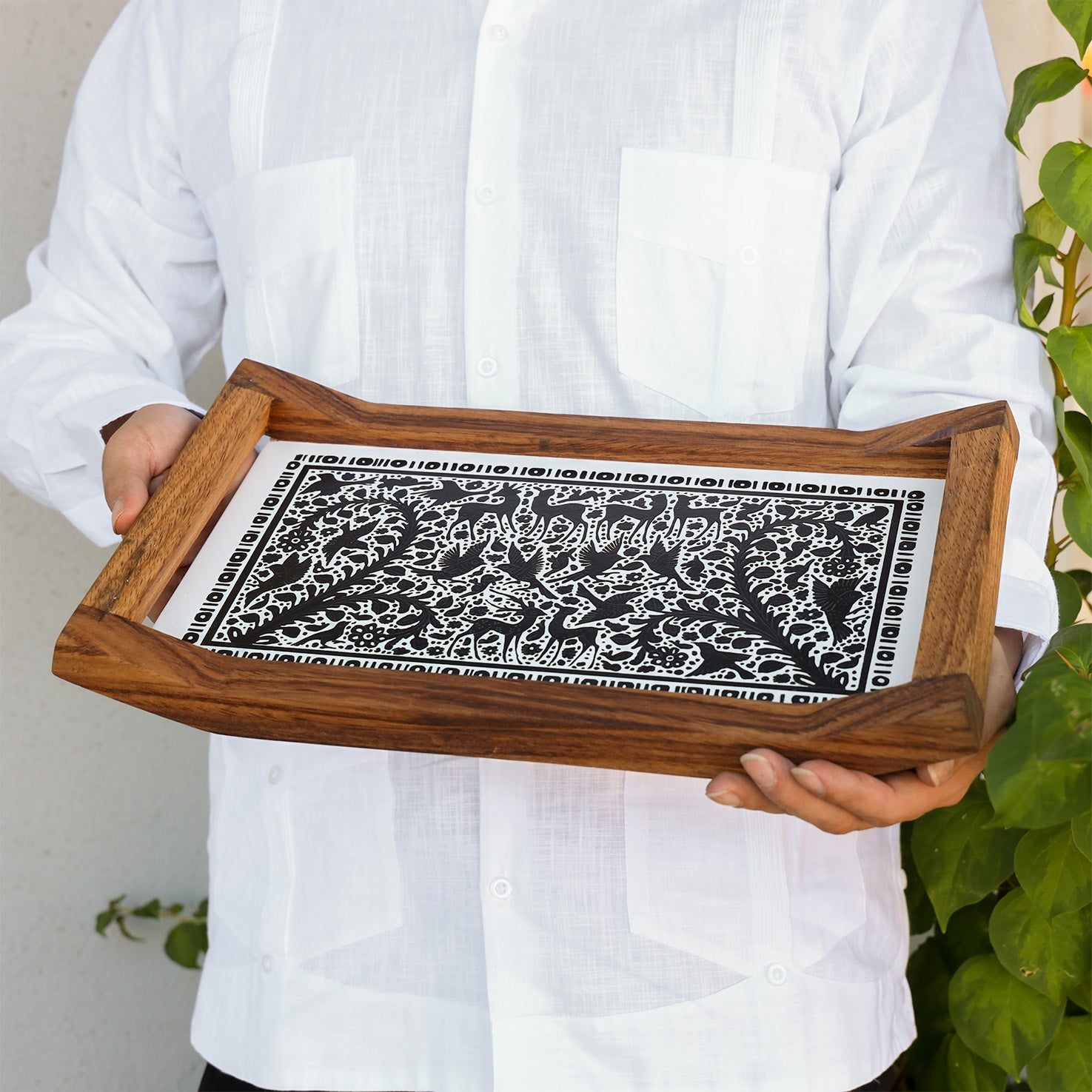 Vintage Olinalá Lacquered Wood Tray with birds & Squirrel Black over Yellow