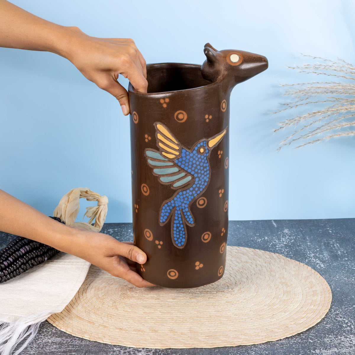 Zinapécuaro Armadillo Hummingbird Ceramic Vase