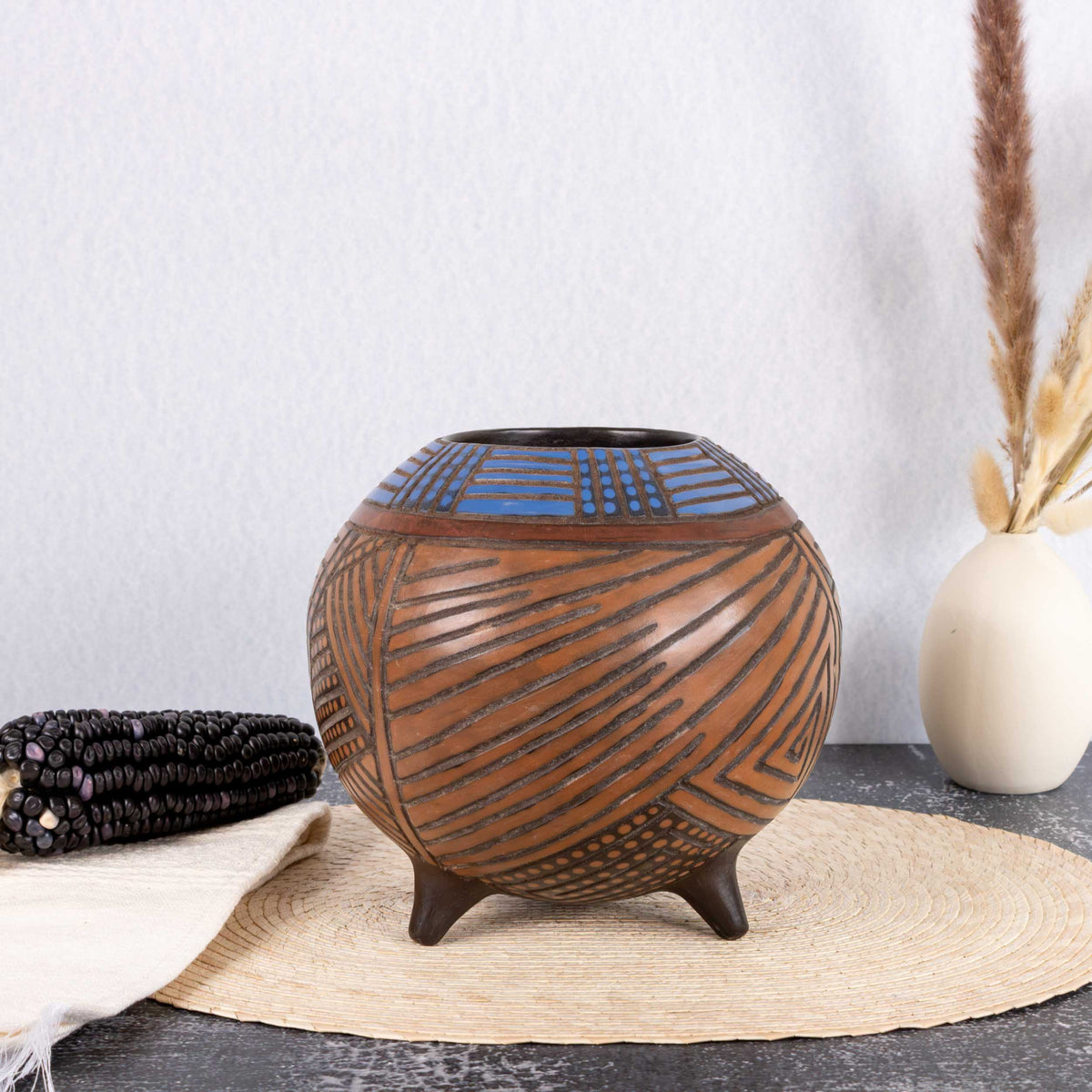 Zinapécuaro Hand-Carved Geometric Ceramic Sphere Tripod