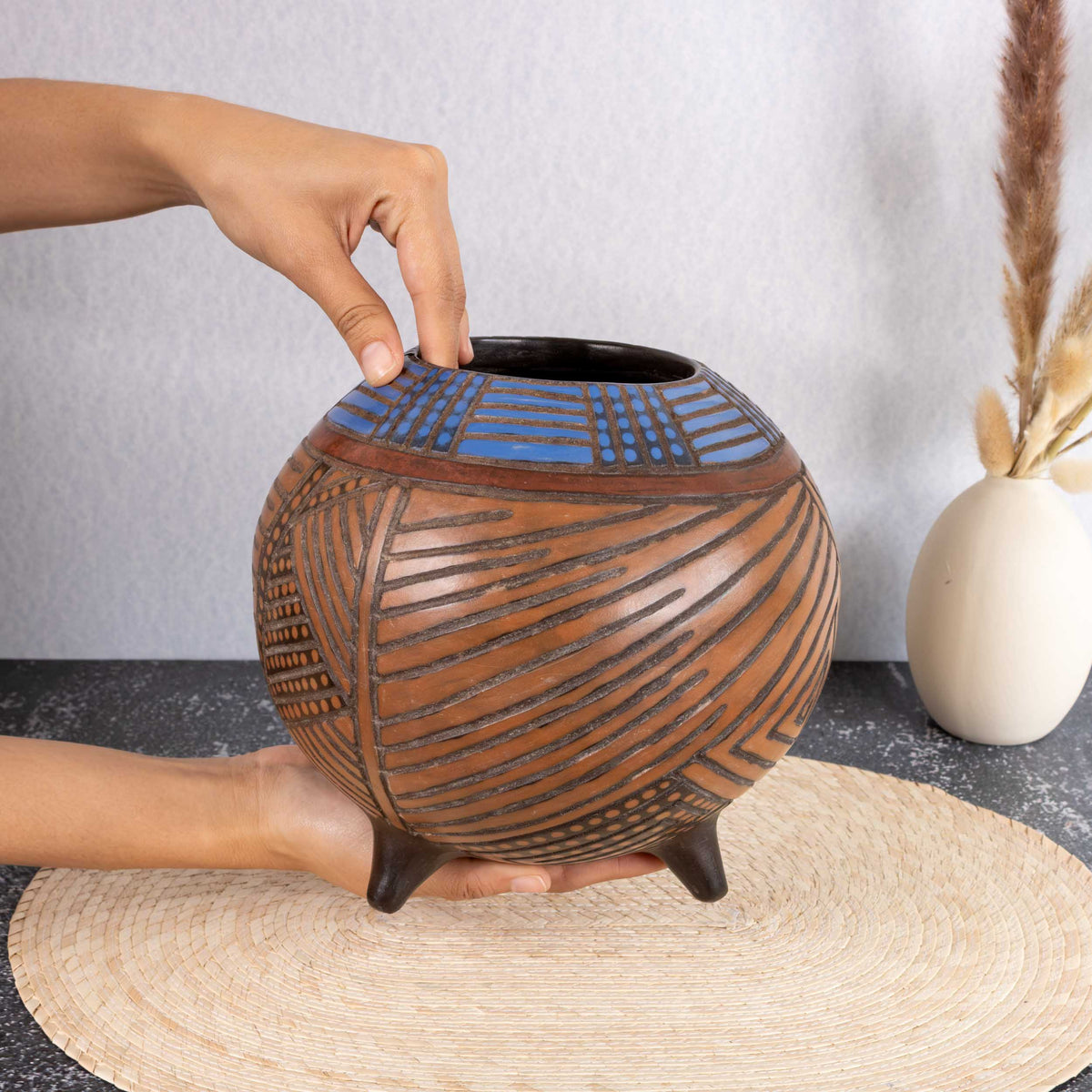 Zinapécuaro Hand-Carved Geometric Ceramic Sphere Tripod
