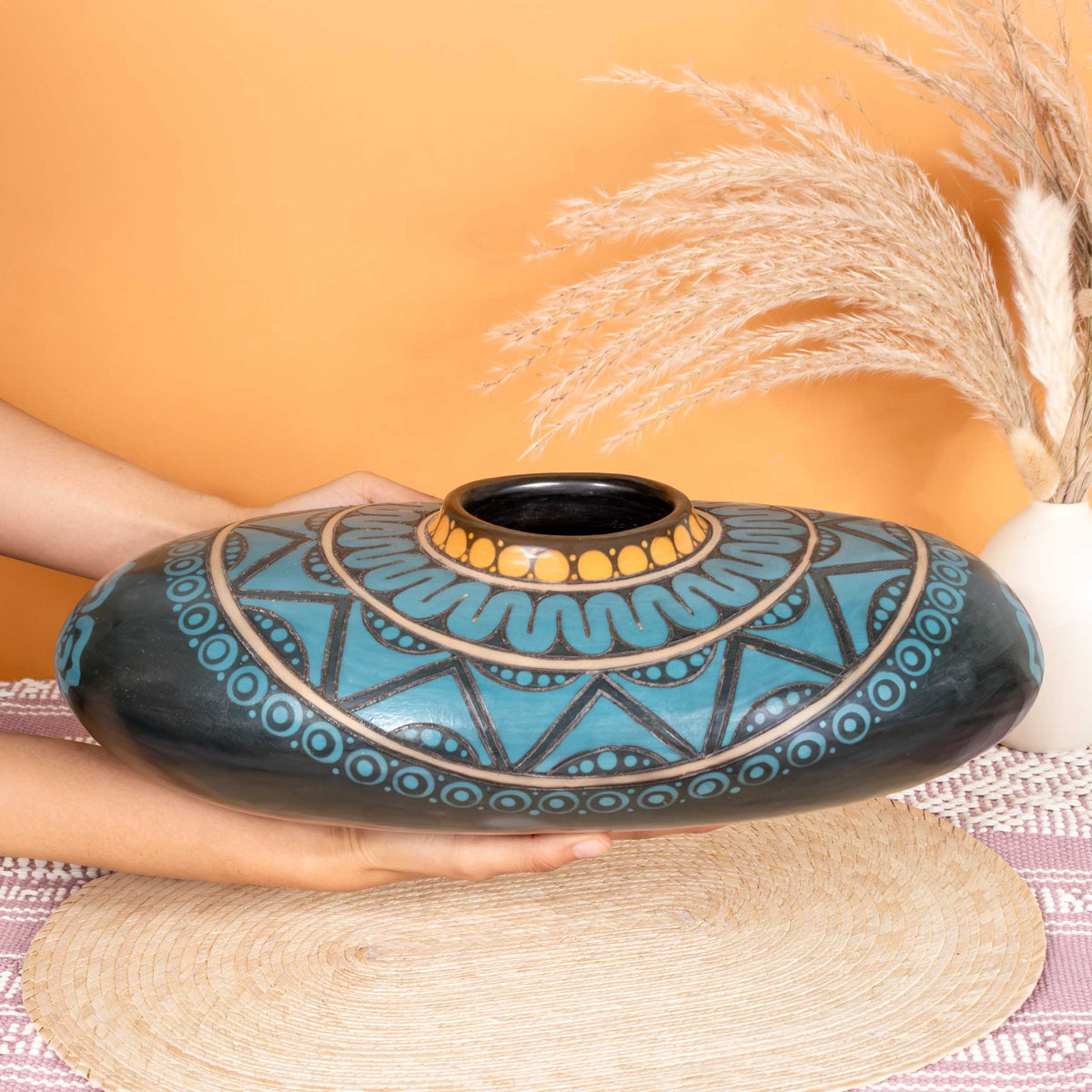 Zinapécuaro Teal Hand-Carved Ceramic Vessel