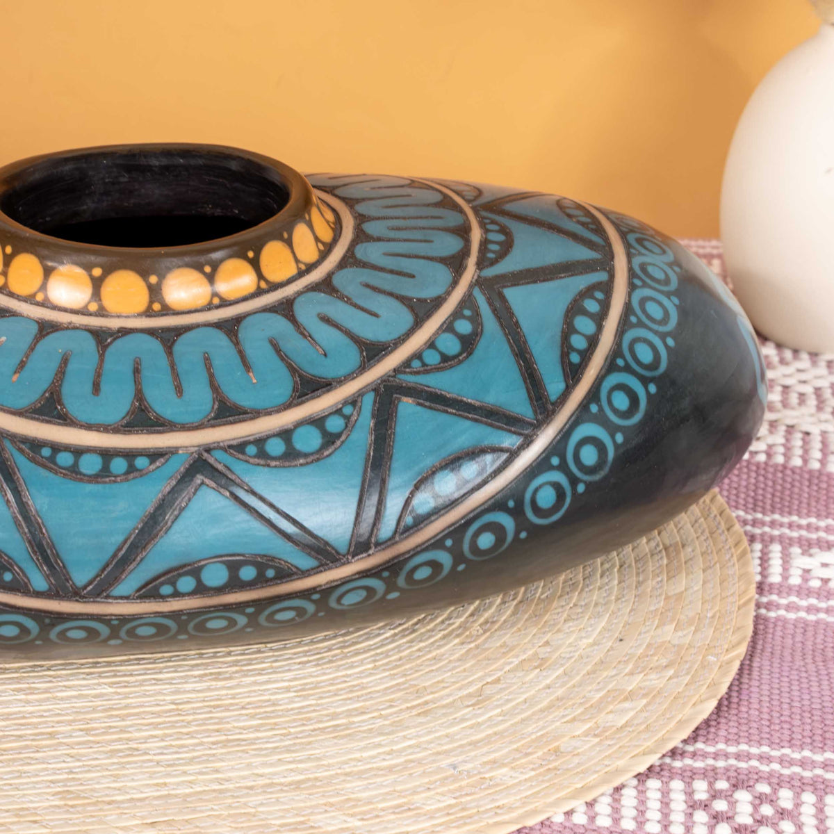 Zinapécuaro Teal Hand-Carved Ceramic Vessel