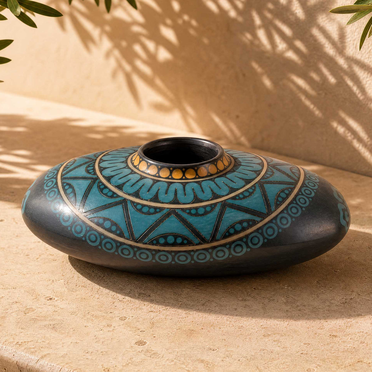 Zinapécuaro Teal Hand-Carved Ceramic Vessel