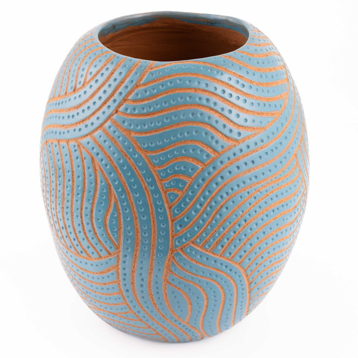 Zinapécuaro Hand-Carved Teal Oval Ceramic Vase