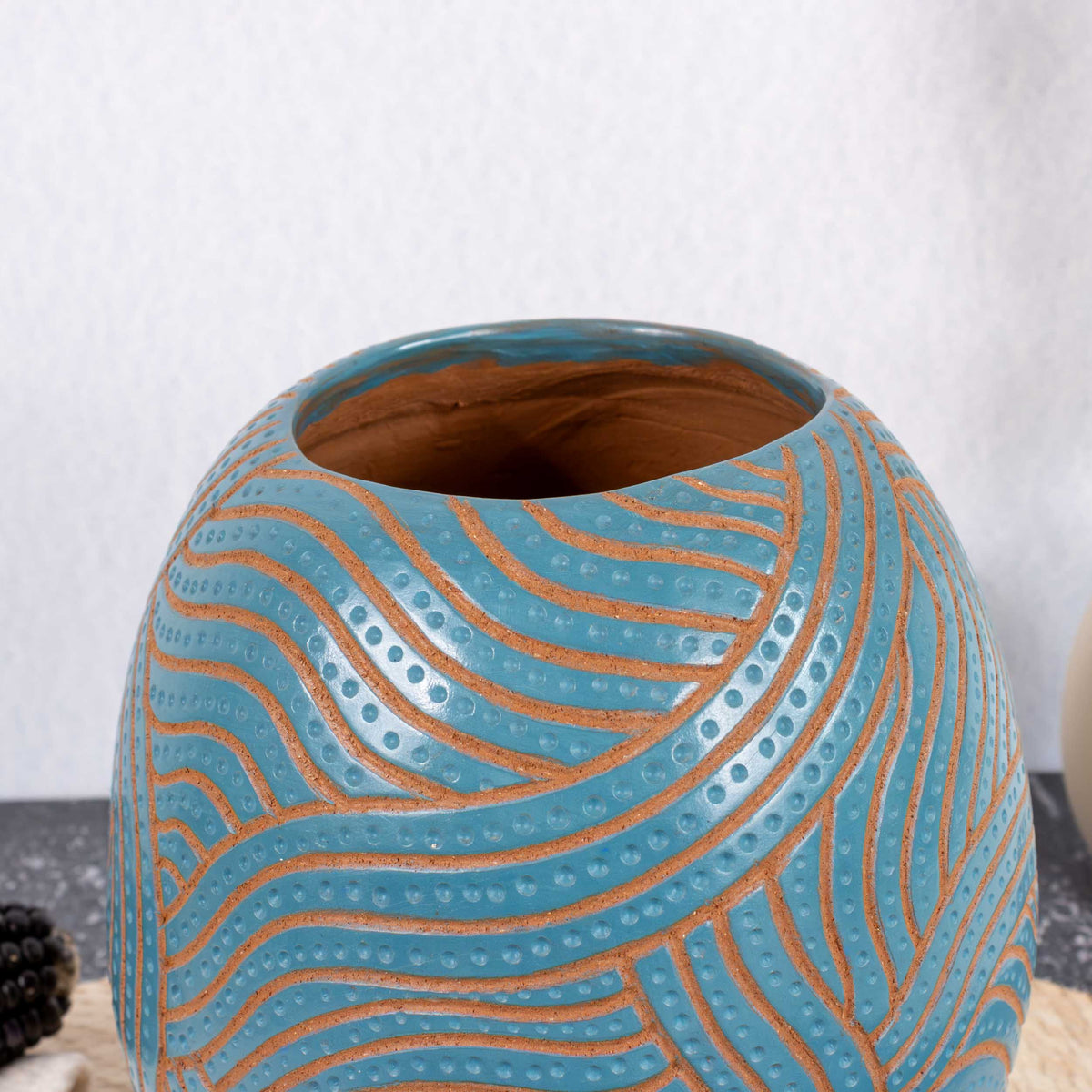 Zinapécuaro Hand-Carved Teal Oval Ceramic Vase