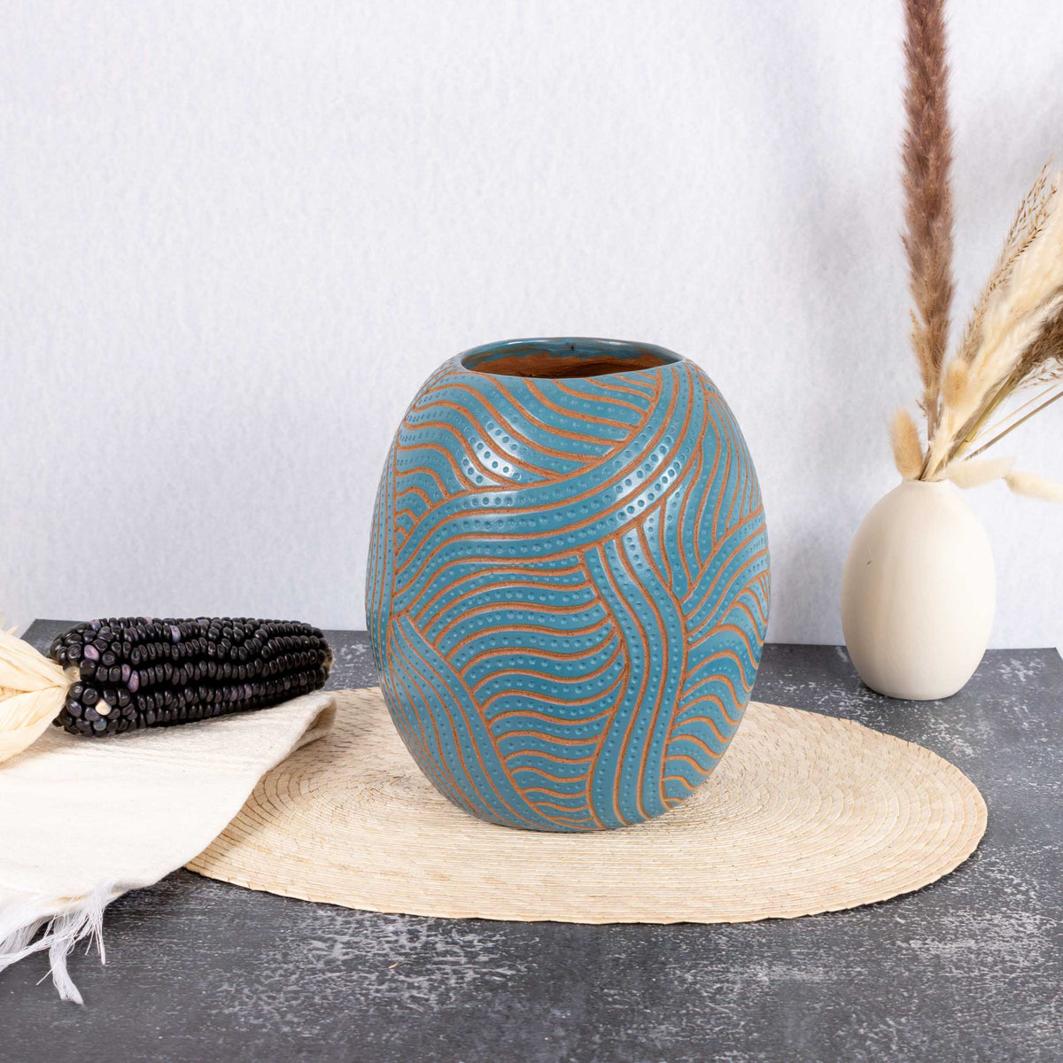 Zinapécuaro Hand-Carved Teal Oval Ceramic Vase