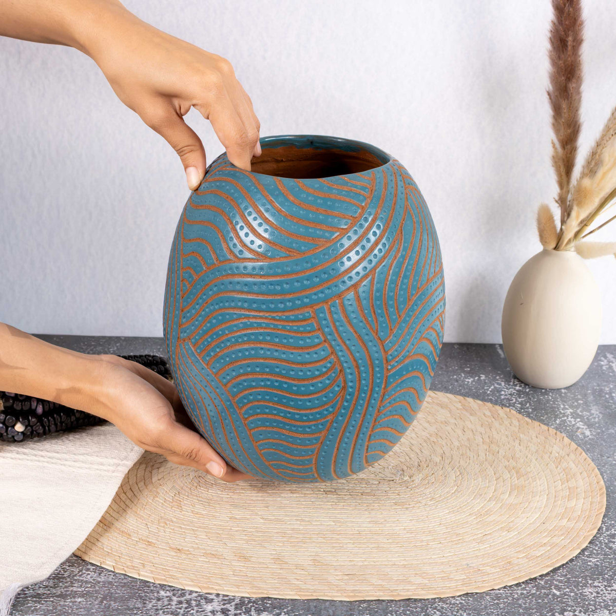 Zinapécuaro Hand-Carved Teal Oval Ceramic Vase