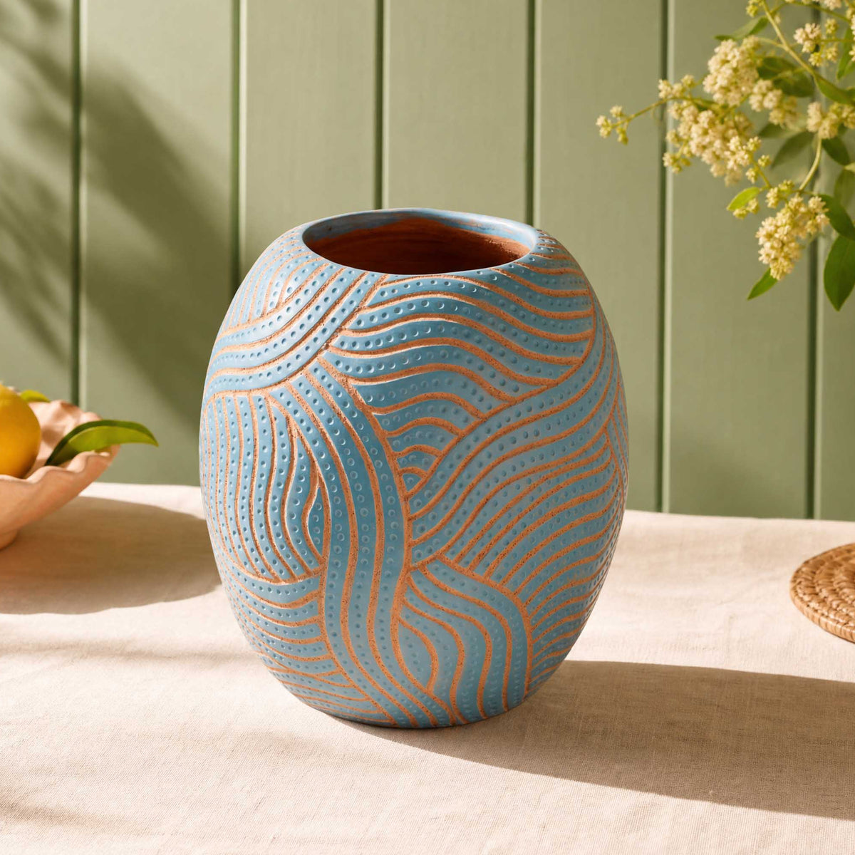 Zinapécuaro Hand-Carved Teal Oval Ceramic Vase