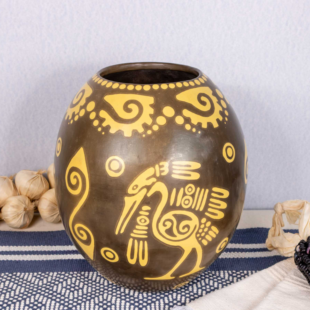 Zinapécuaro Large Oval Ceramic Vase with Yellow Petroglyphs