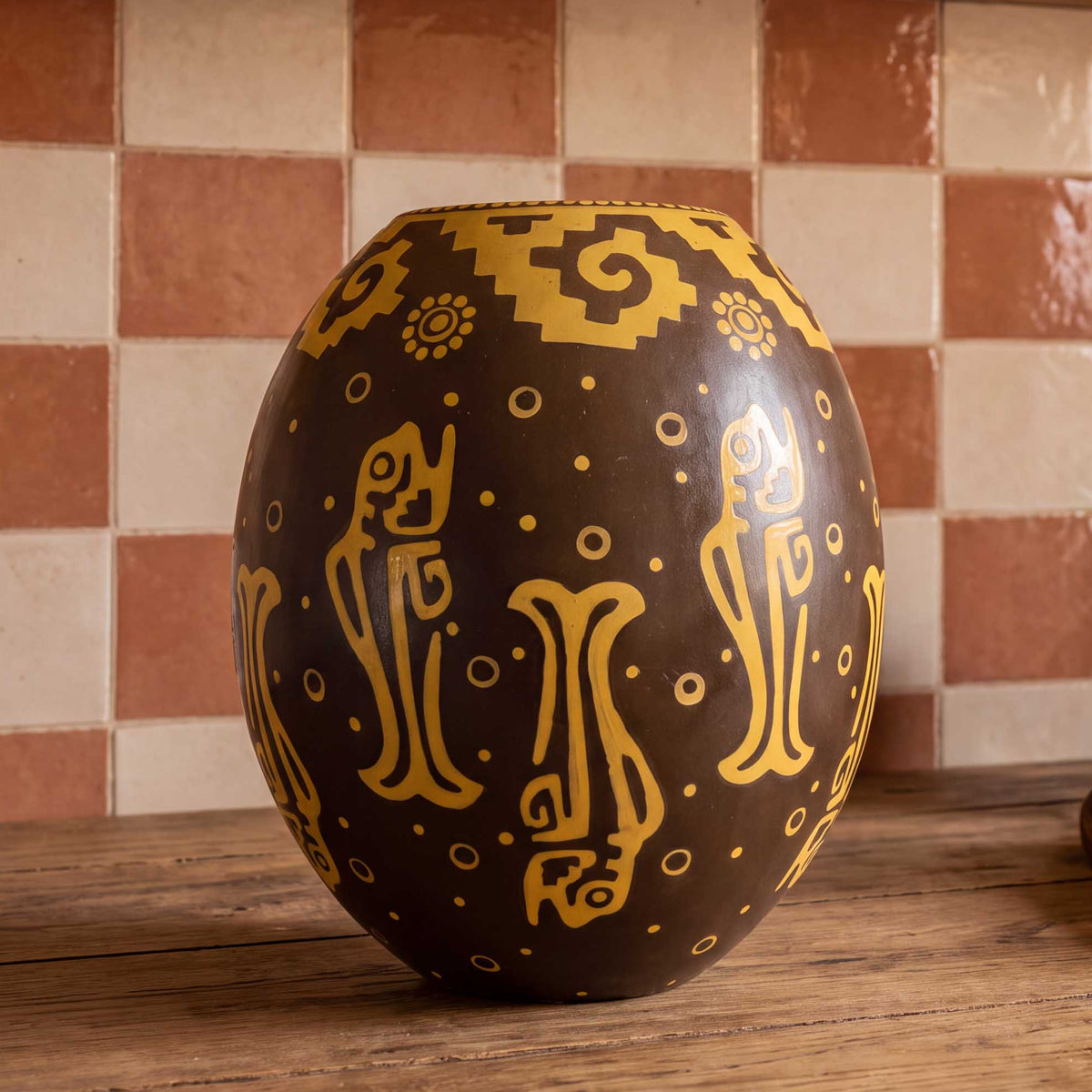 Zinapécuaro Large Oval Ceramic Vase with Yellow Petroglyphs