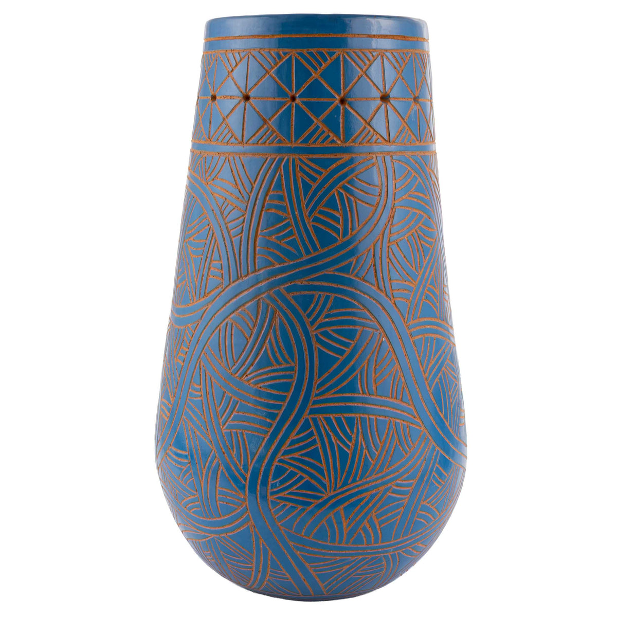 Zinapécuaro Hand-Carved Blue Dancing Geometric Vase