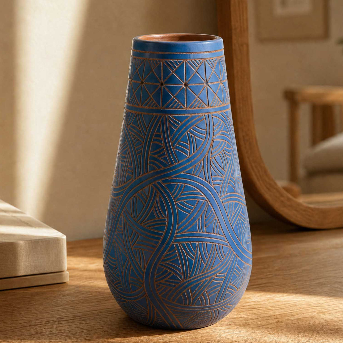 Zinapécuaro Hand-Carved Blue Dancing Geometric Vase