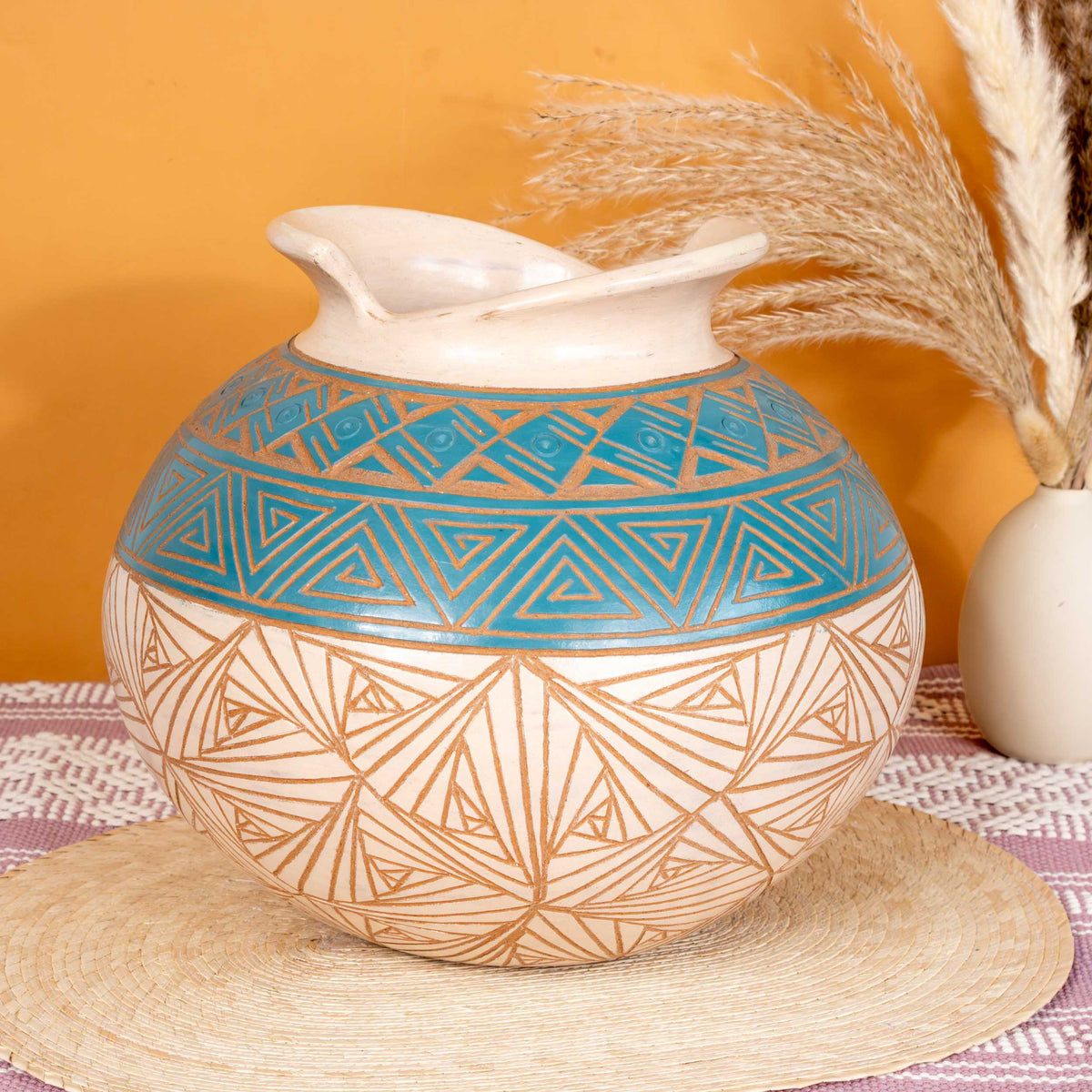 Zinapécuaro Hand-Carved Ceramic Olla Vase with Triangular Spirals