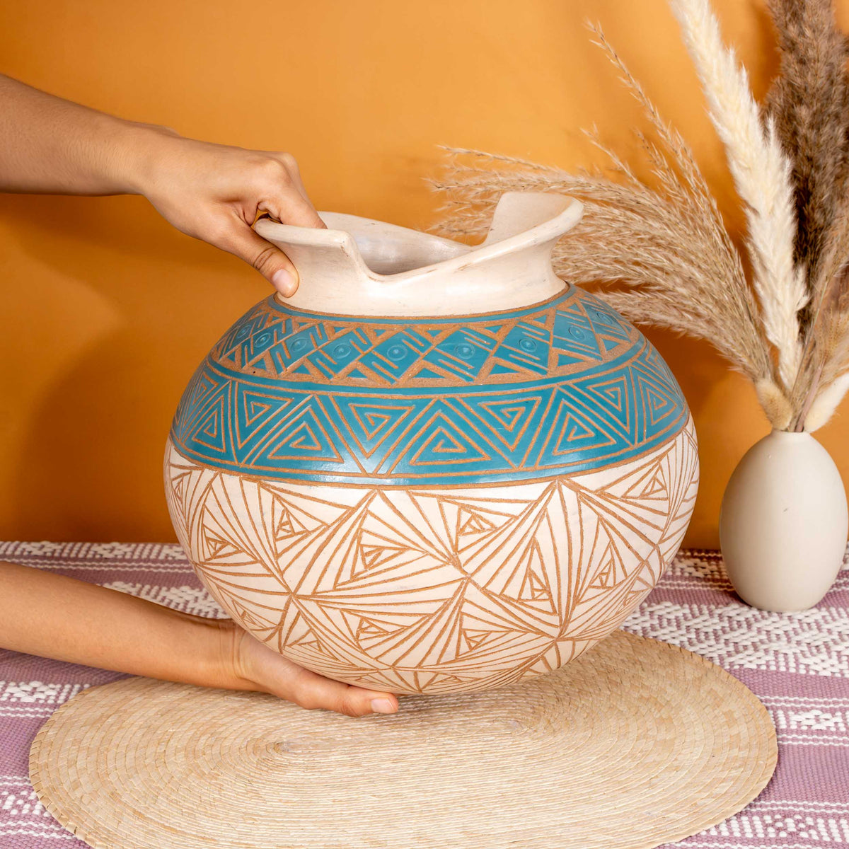 Zinapécuaro Hand-Carved Ceramic Olla Vase with Triangular Spirals