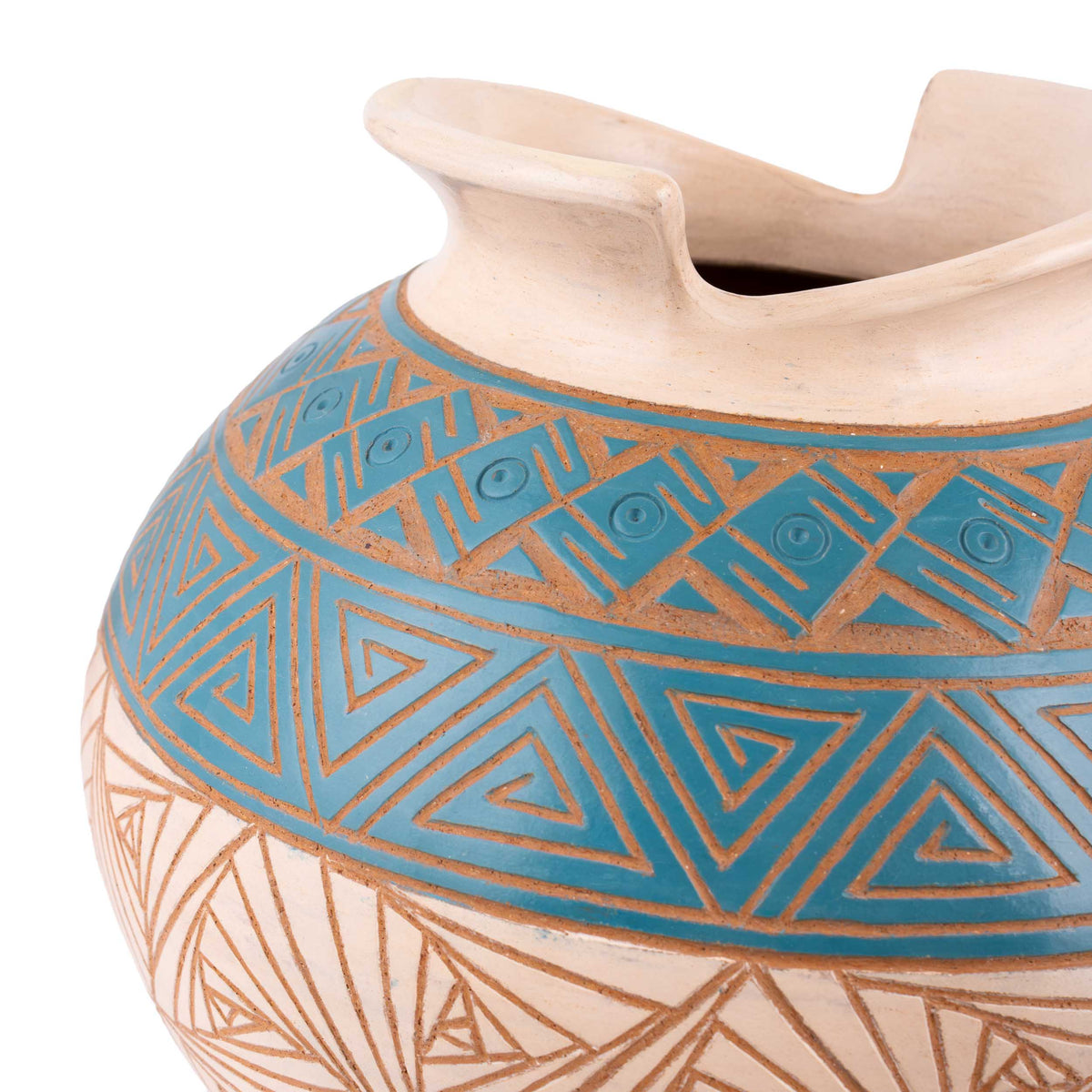 Zinapécuaro Hand-Carved Ceramic Olla Vase with Triangular Spirals