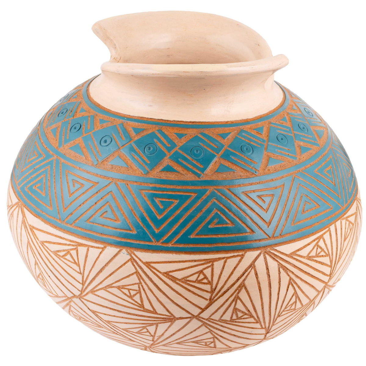 Zinapécuaro Hand-Carved Ceramic Olla Vase with Triangular Spirals