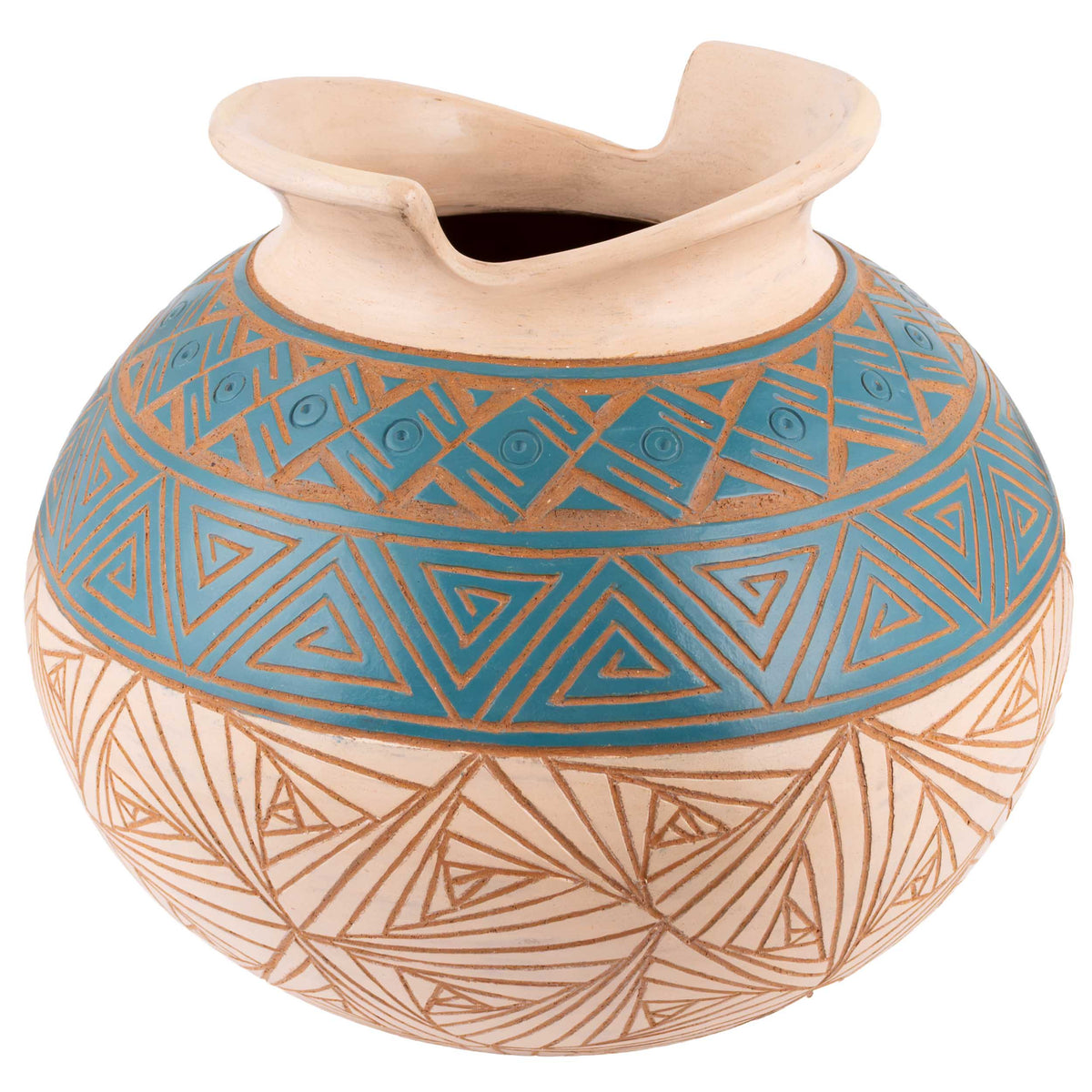 Zinapécuaro Hand-Carved Ceramic Olla Vase with Triangular Spirals