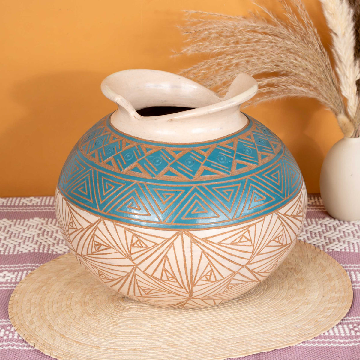 Zinapécuaro Hand-Carved Ceramic Olla Vase with Triangular Spirals