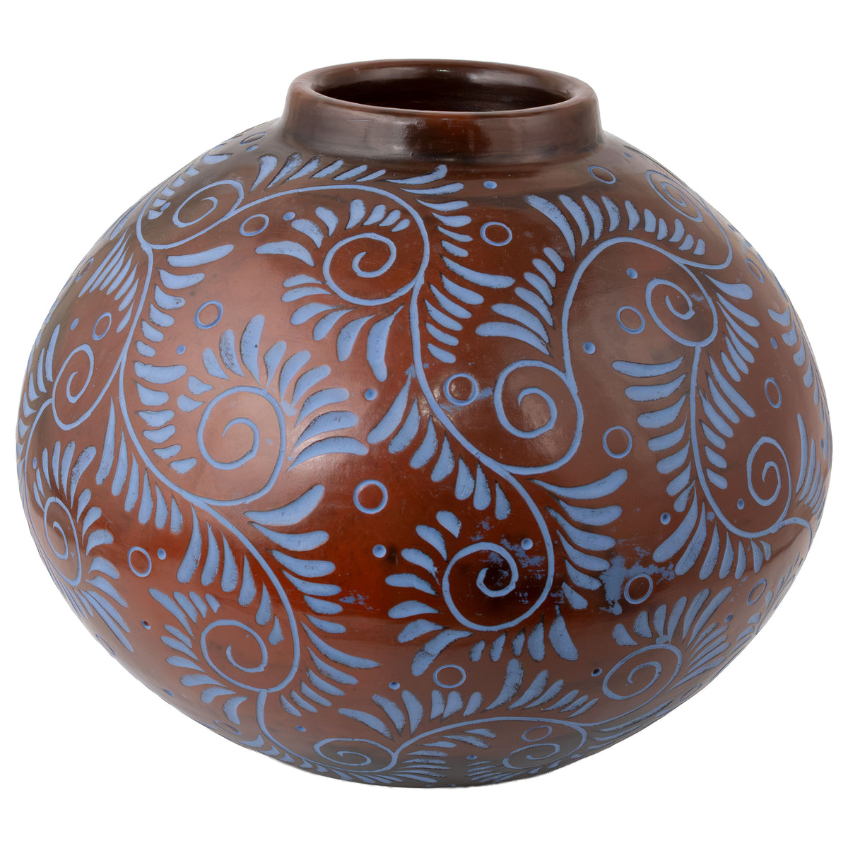 Zinapécuaro Hand-Carved Blue Floral Ceramic Sphere Vase