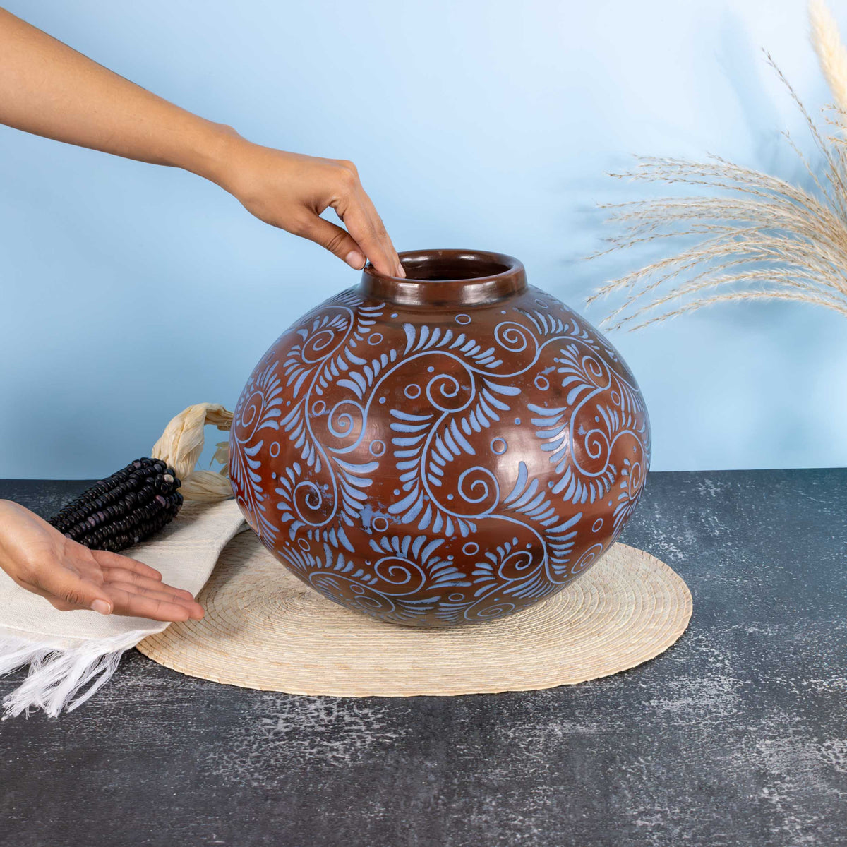 Zinapécuaro Hand-Carved Blue Floral Ceramic Sphere Vase
