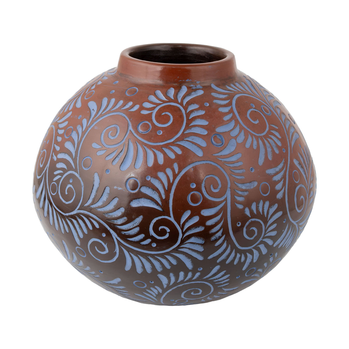 Zinapécuaro Hand-Carved Blue Floral Ceramic Sphere Vase
