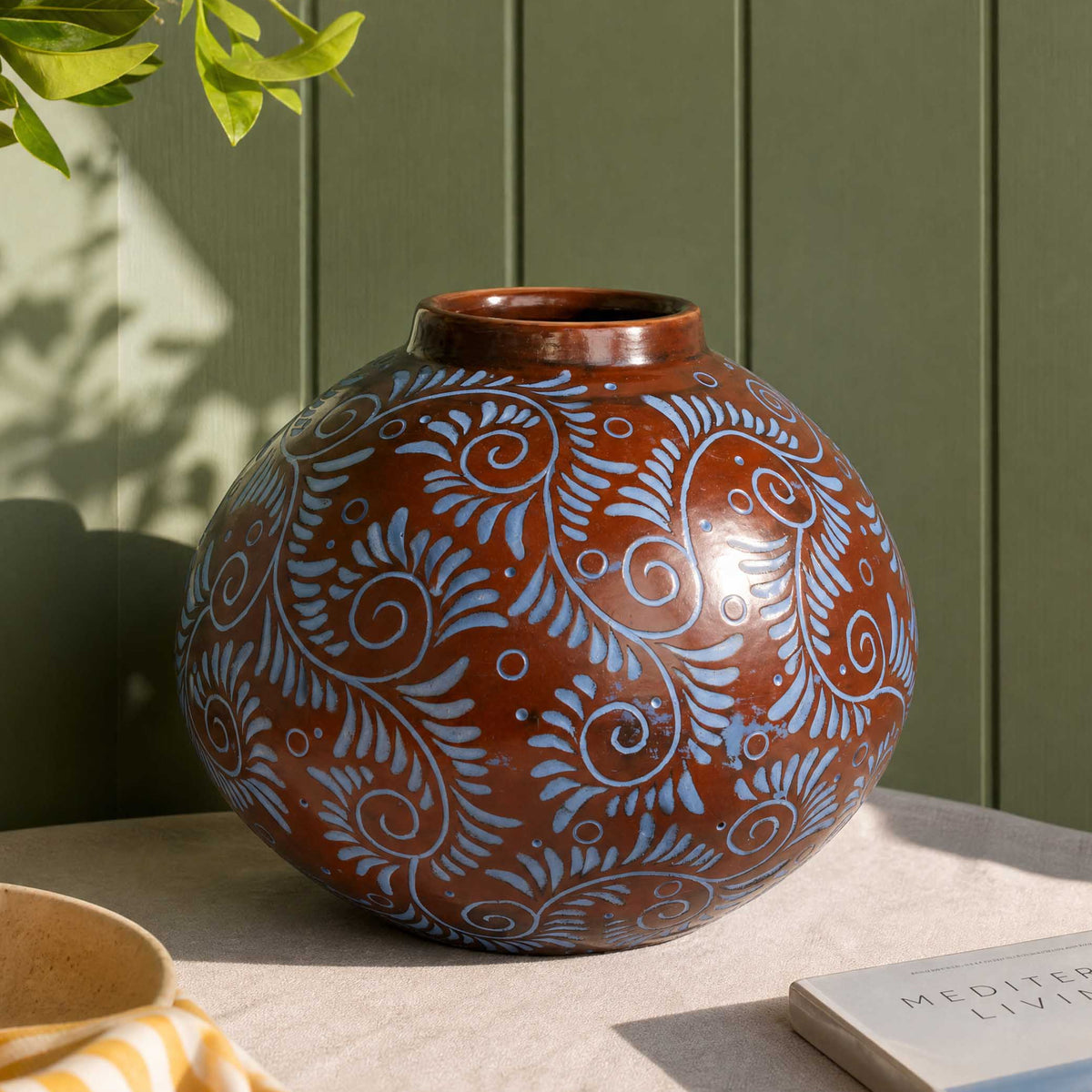 Zinapécuaro Hand-Carved Blue Floral Ceramic Sphere Vase