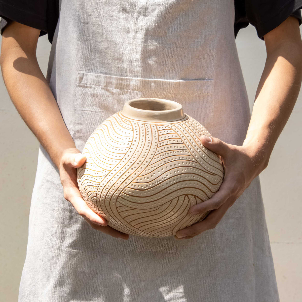 Zinapécuaro Hand-Carved White Ceramic Sphere Vase