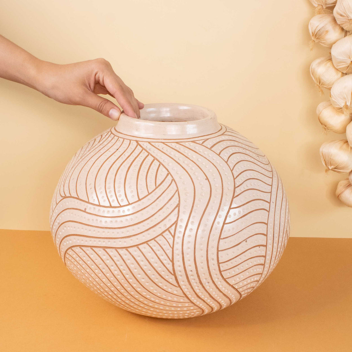 Zinapécuaro Hand-Carved White Ceramic Sphere Vase