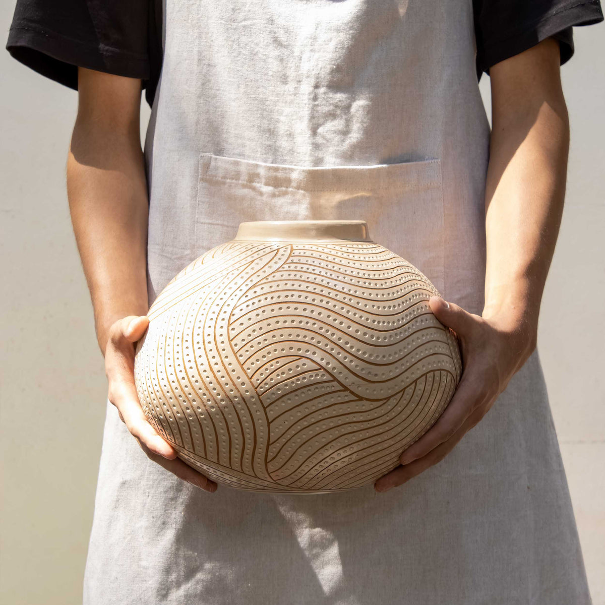 Zinapécuaro Hand-Carved White Ceramic Sphere Vase