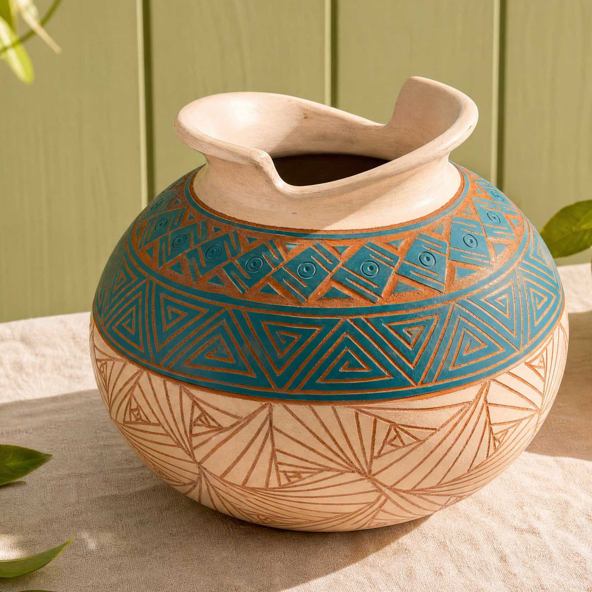 Zinapécuaro Hand-Carved Ceramic Olla Vase with Triangular Spirals