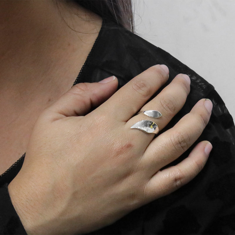 Sterling Silver Hammered Leaves Open-Ended Ring